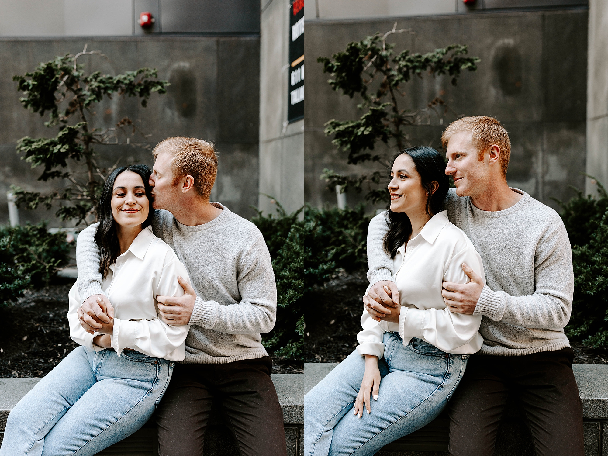 couple taking engagement photos at Mellon Square