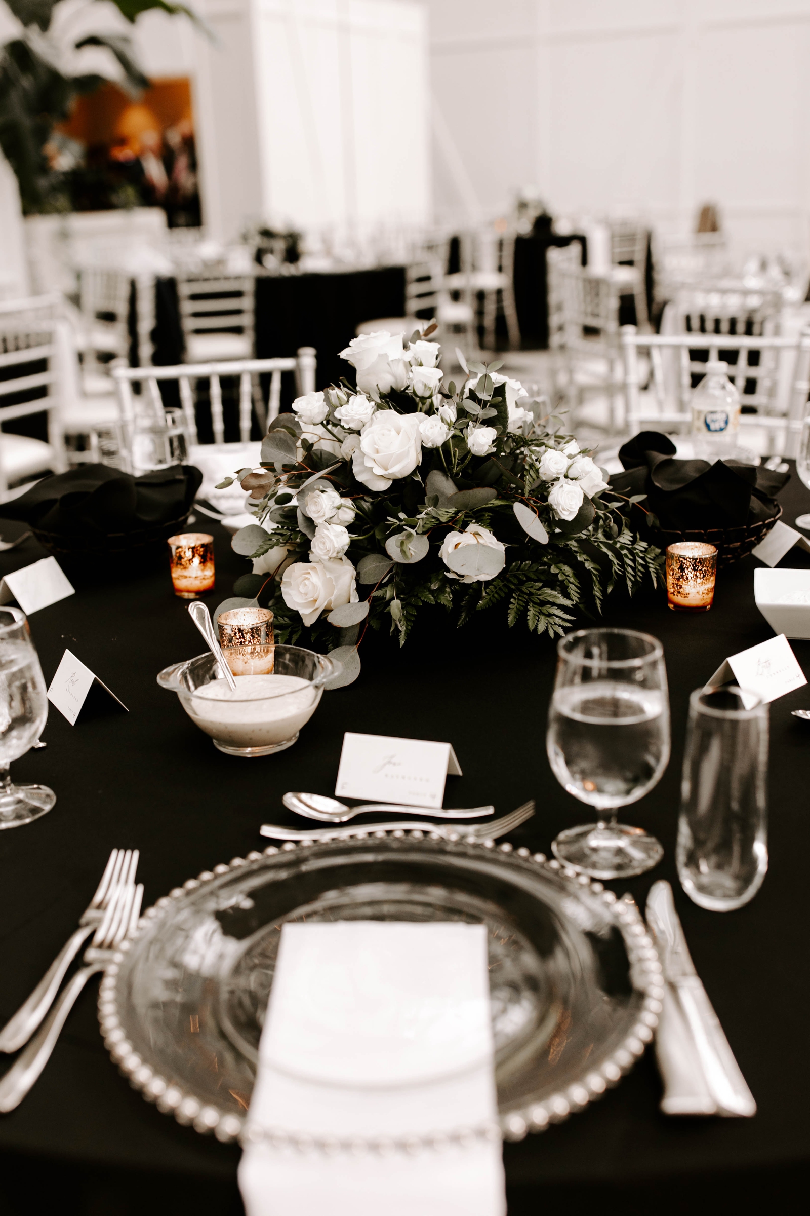 Wintergarden at PPG Place Wedding Venue; Black and white wedding design