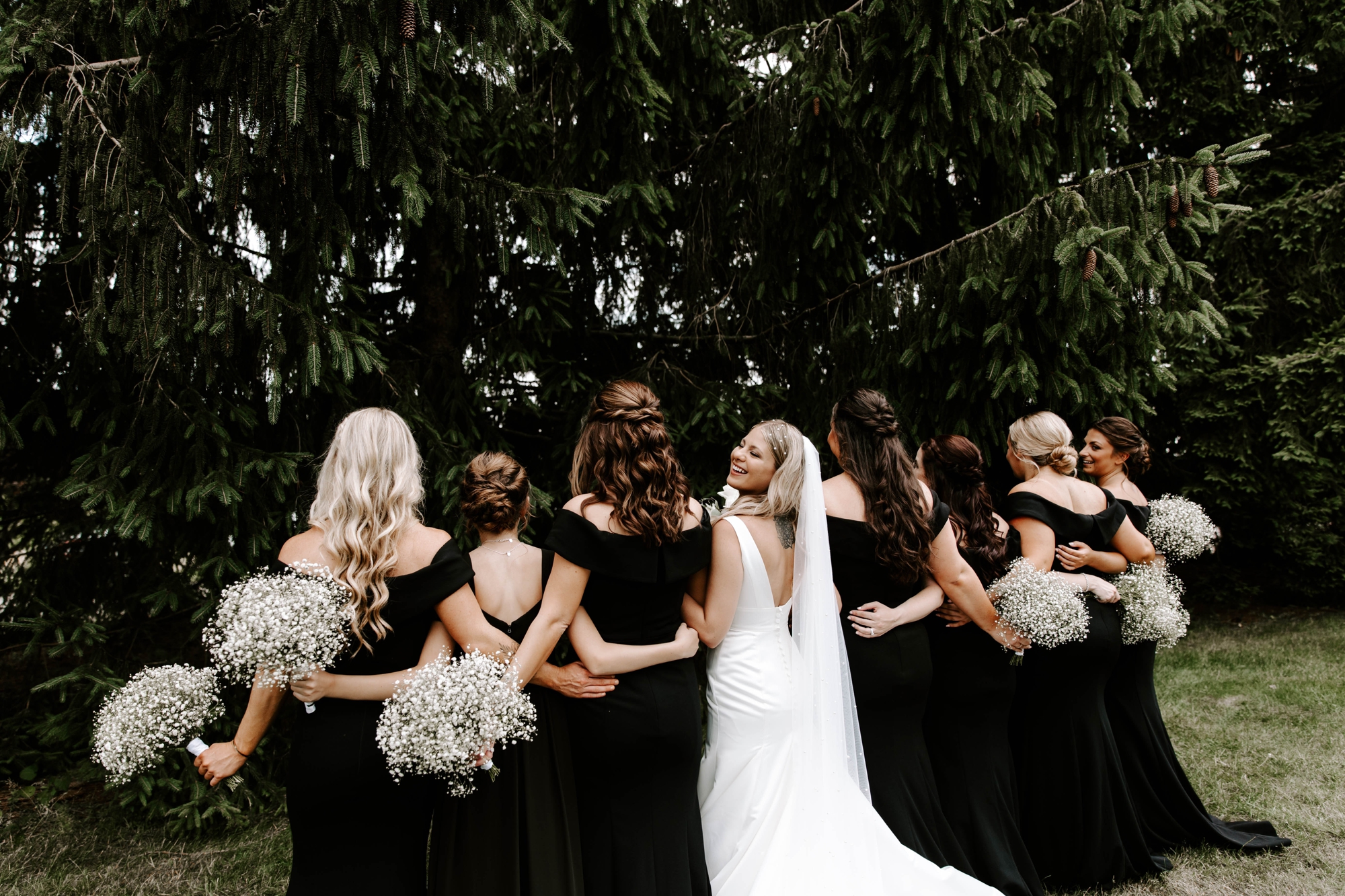 bridal party; black bridesmaids dresses