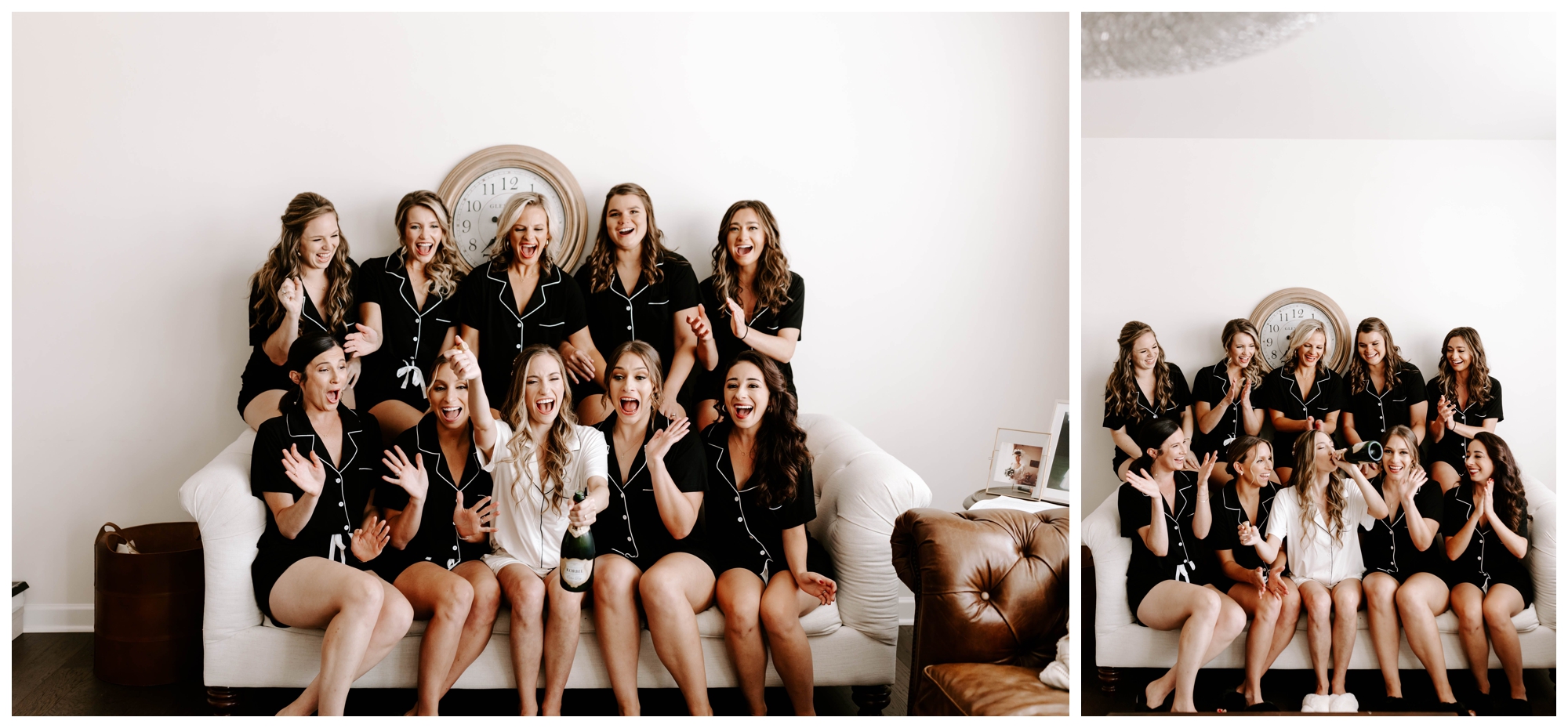 bridal party portraits; getting ready photos; champagne toast