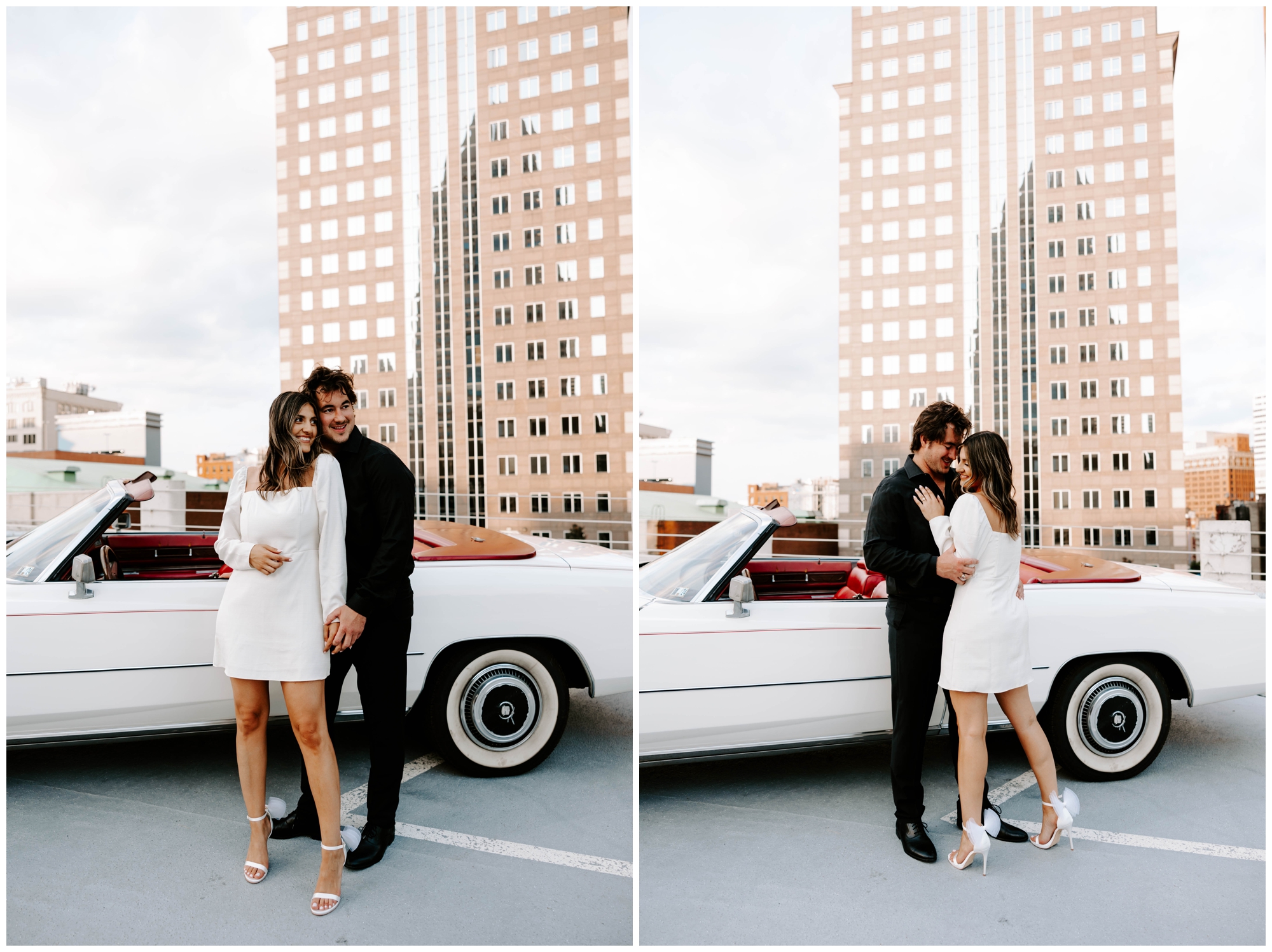 Pittsburgh rooftop engagement session with  classic Cadillac