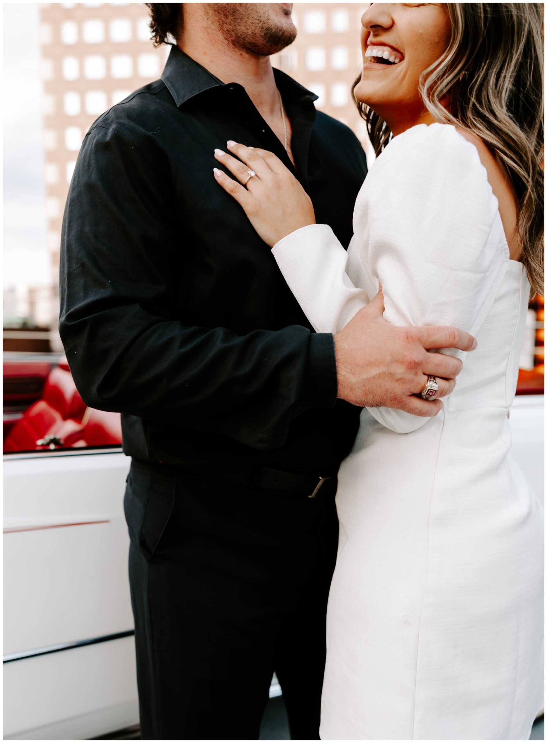 Pittsburgh rooftop engagement session with classic Cadillac