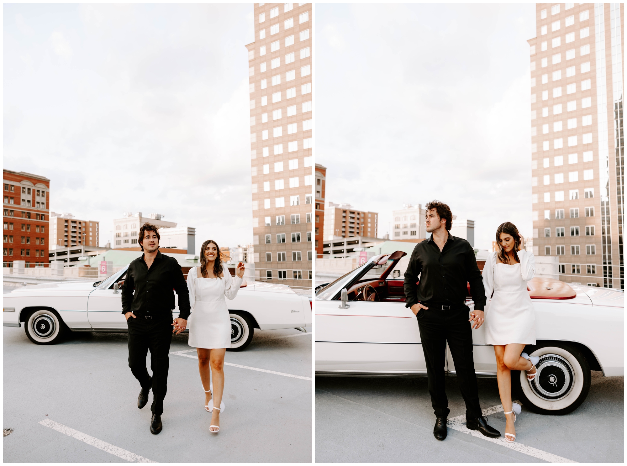 Pittsburgh rooftop engagement session with classic Cadillac