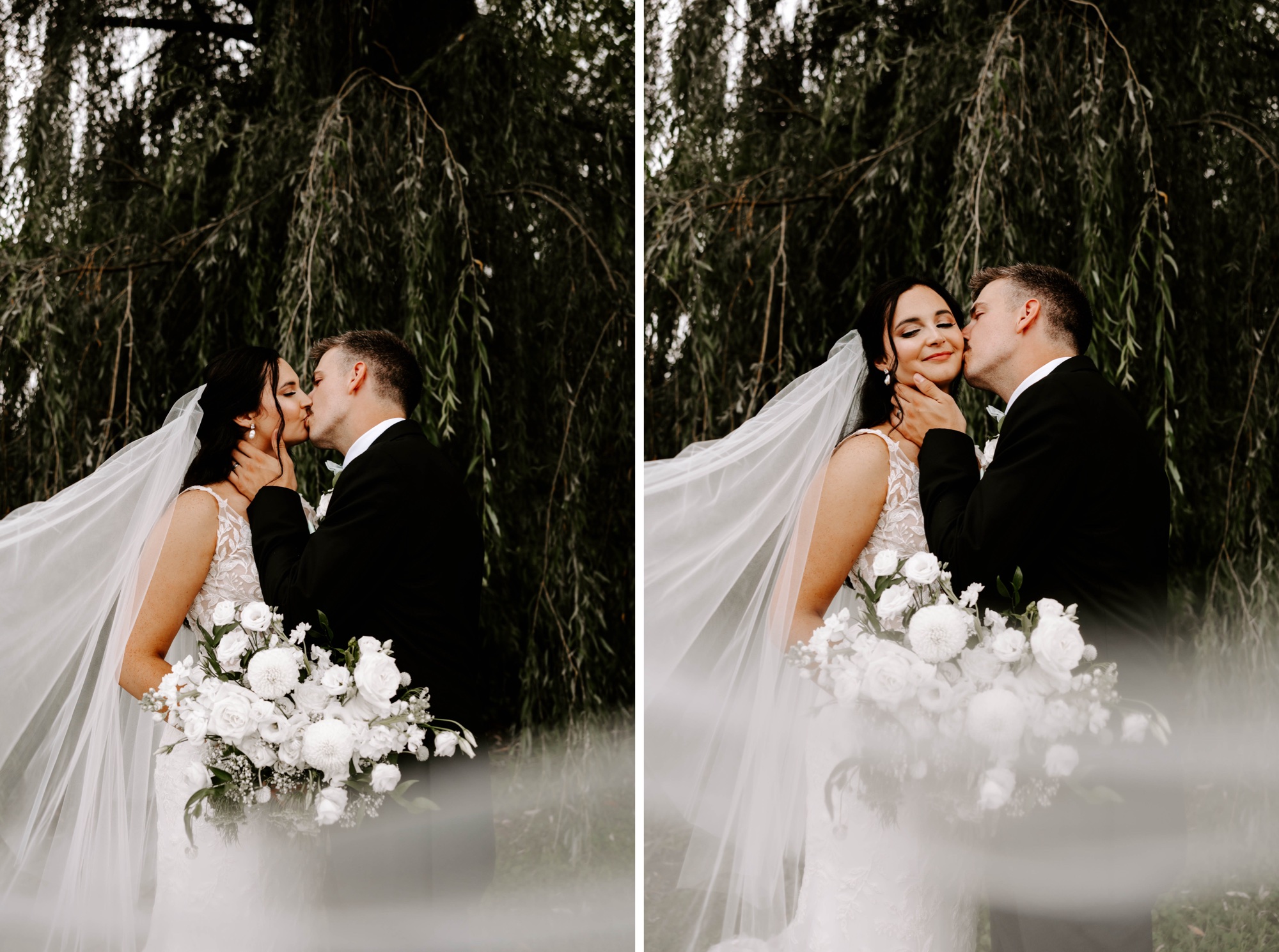 wedding portraits under a willow tree