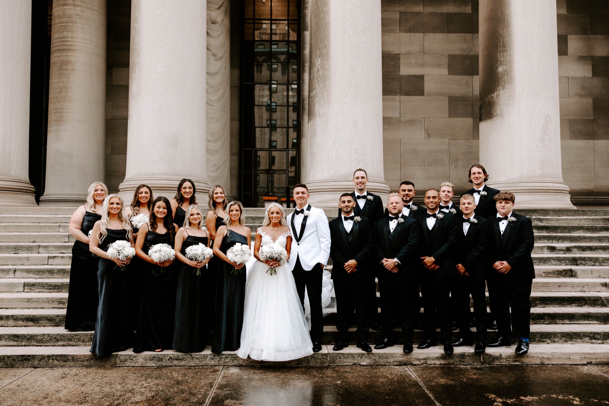 wedding party at Omni William Penn Hotel Pittsburgh; formal black and white wedding