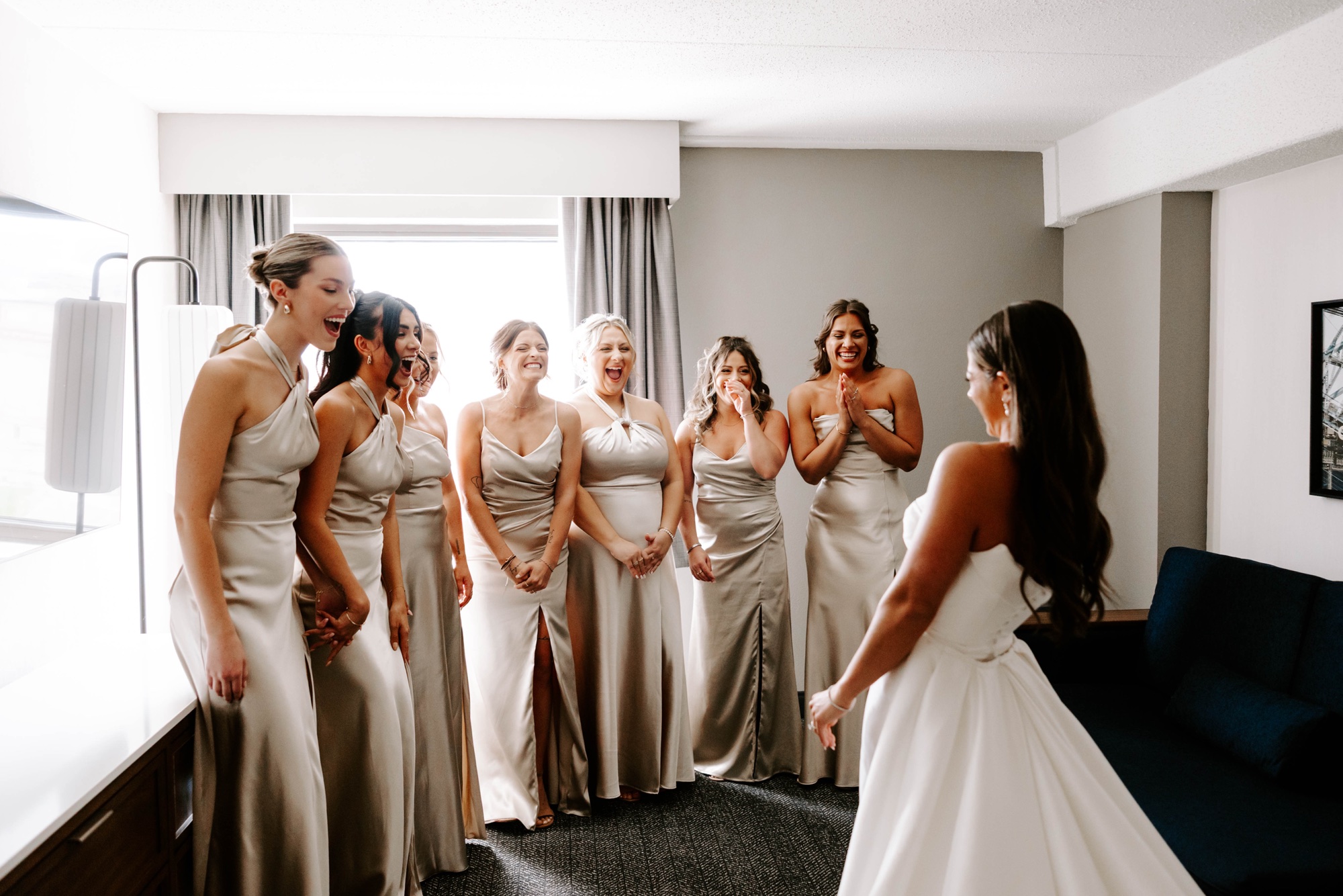first look with bridesmaids
