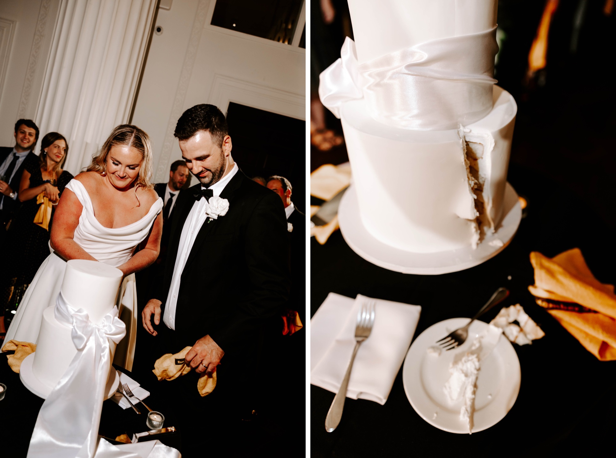 all white wedding cake with bow