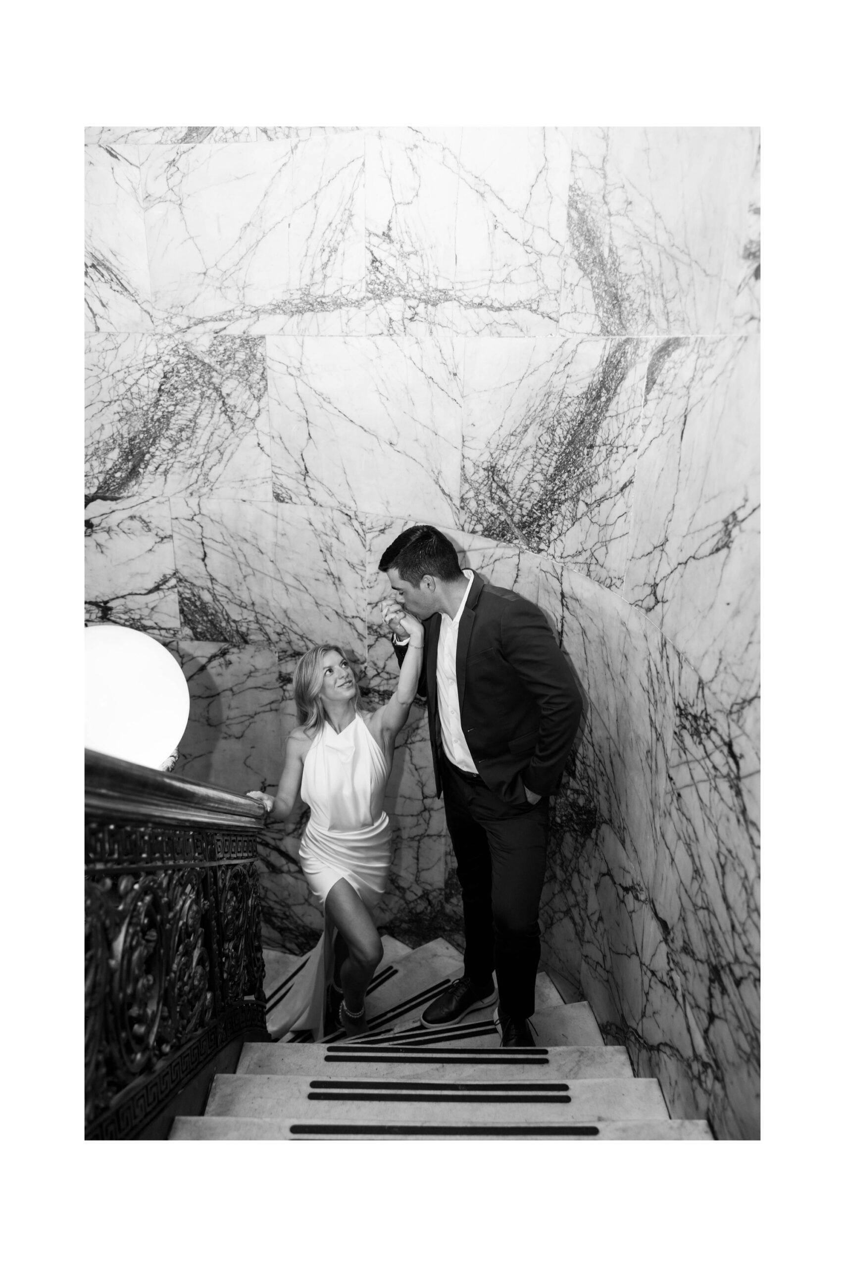 Romantic black and white engagement portrait indoors