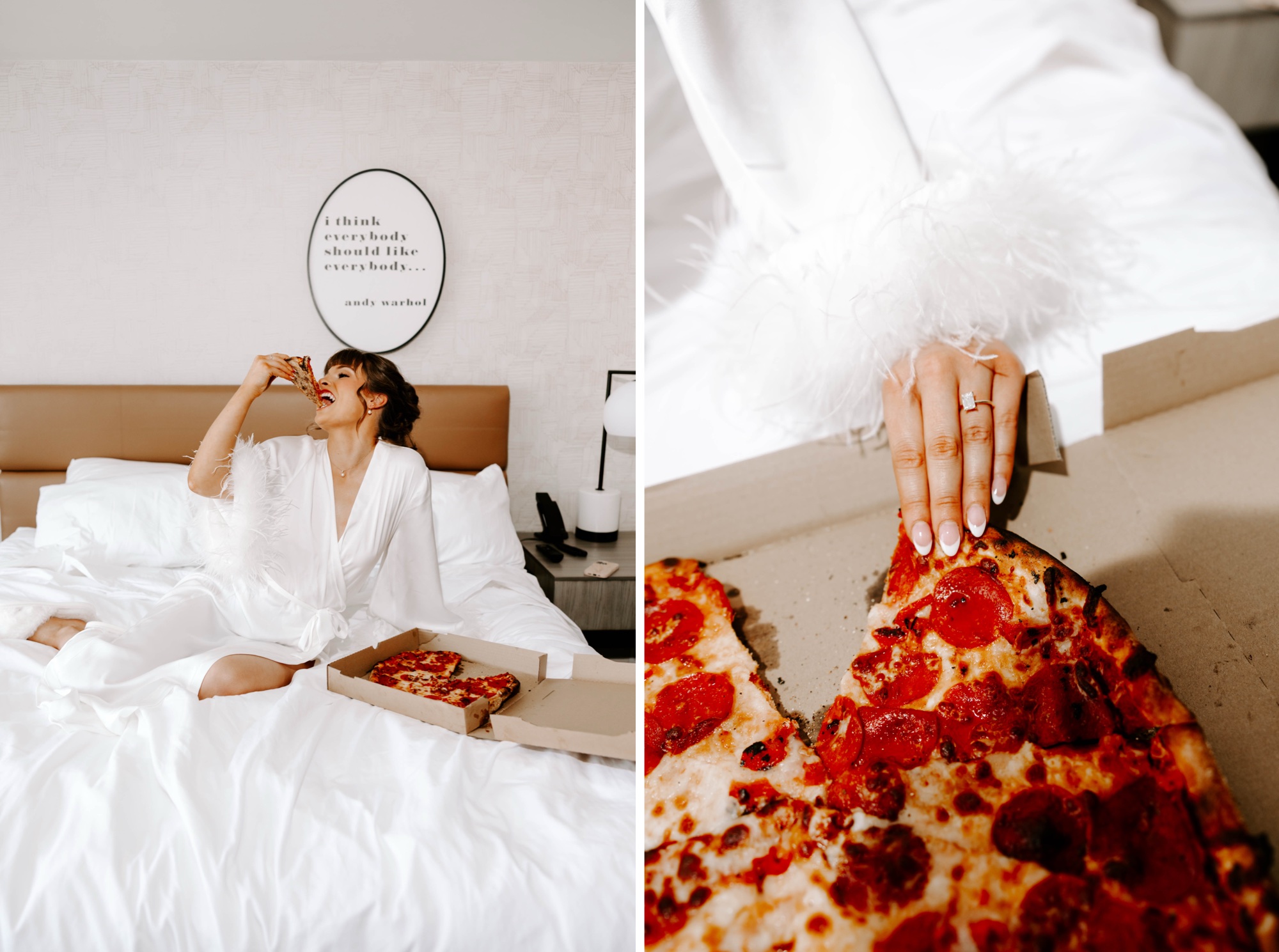 creative getting ready shots for wedding photography; bride eating pizza