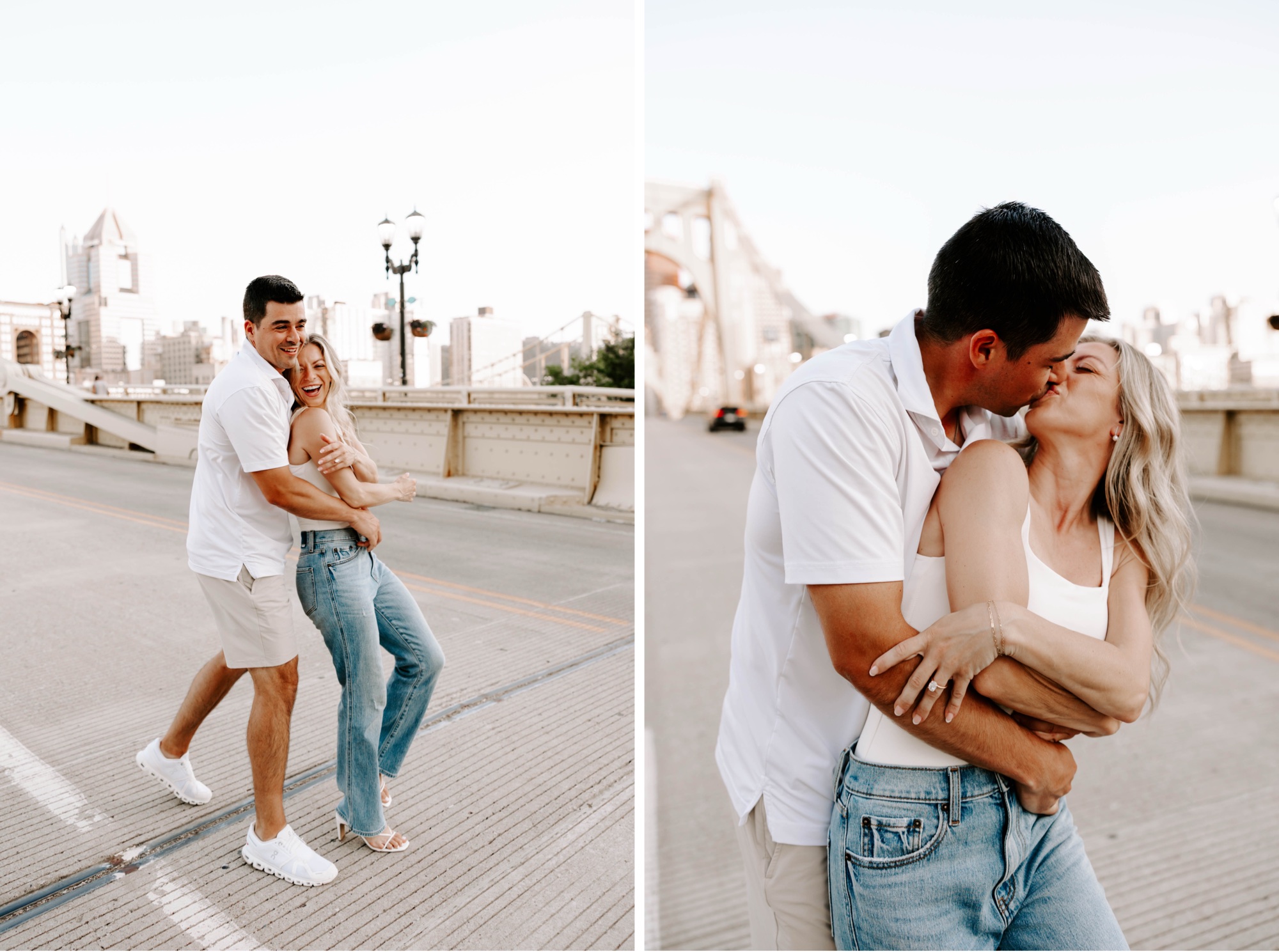 Casual engagement photos on Roberto Clemente Bridge at sunset