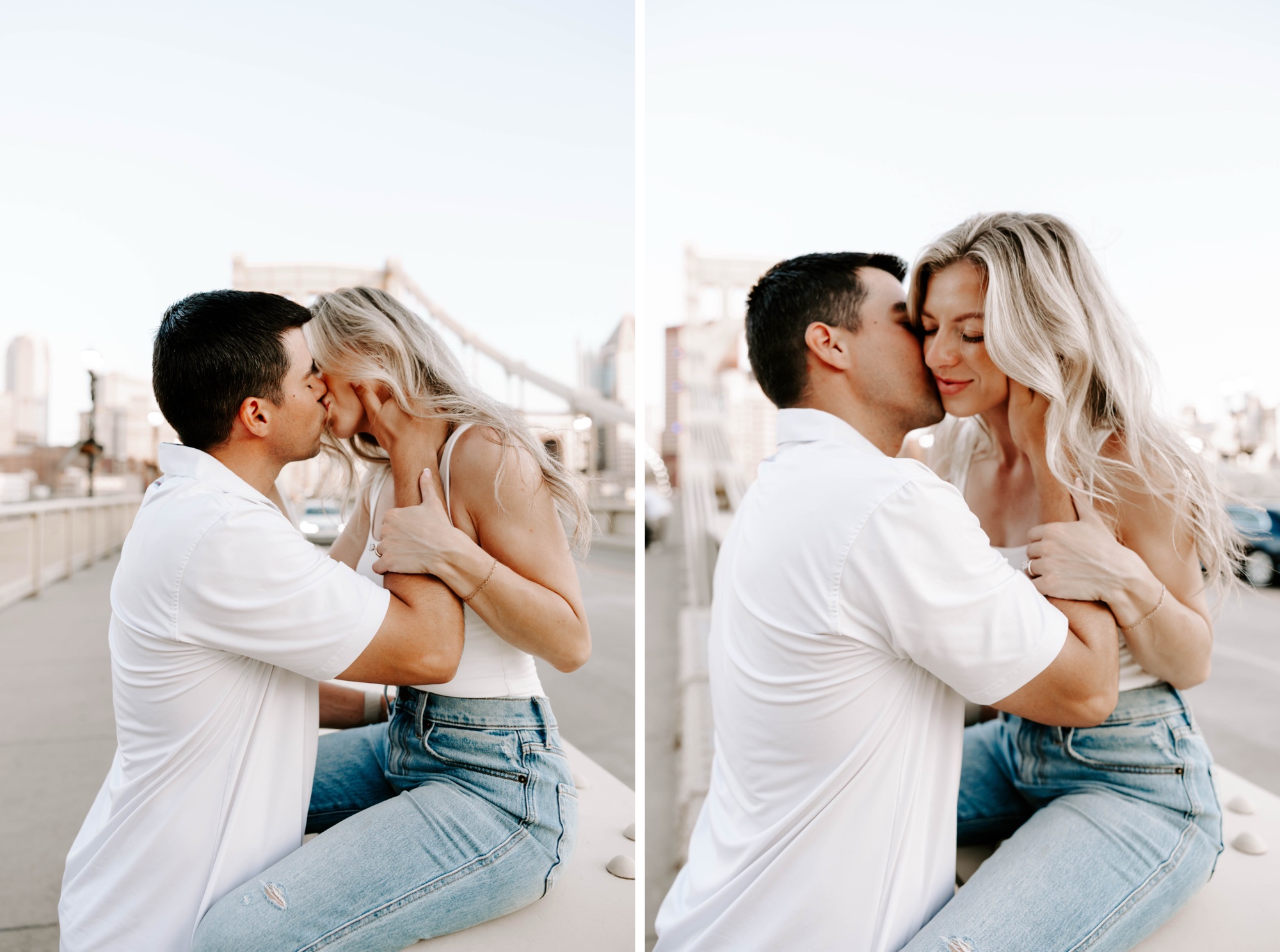 Couple dancing on Pittsburgh’s iconic yellow bridge during engagement session