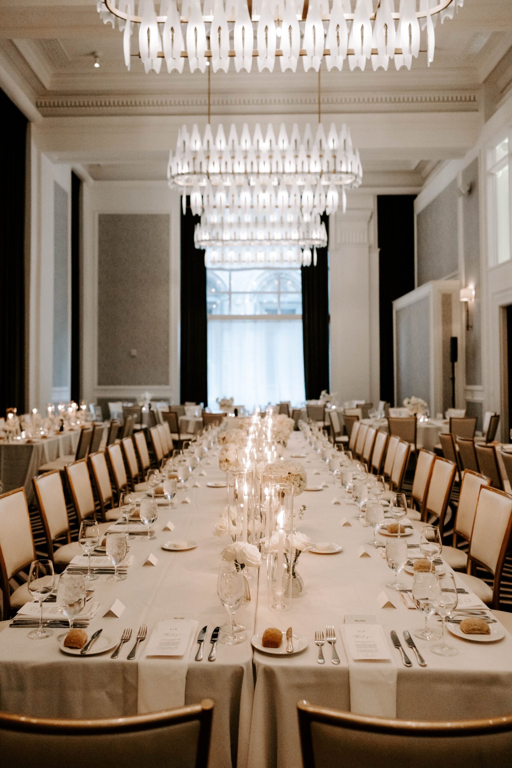 double banquet table set up; tablescape with double banquet table for more space