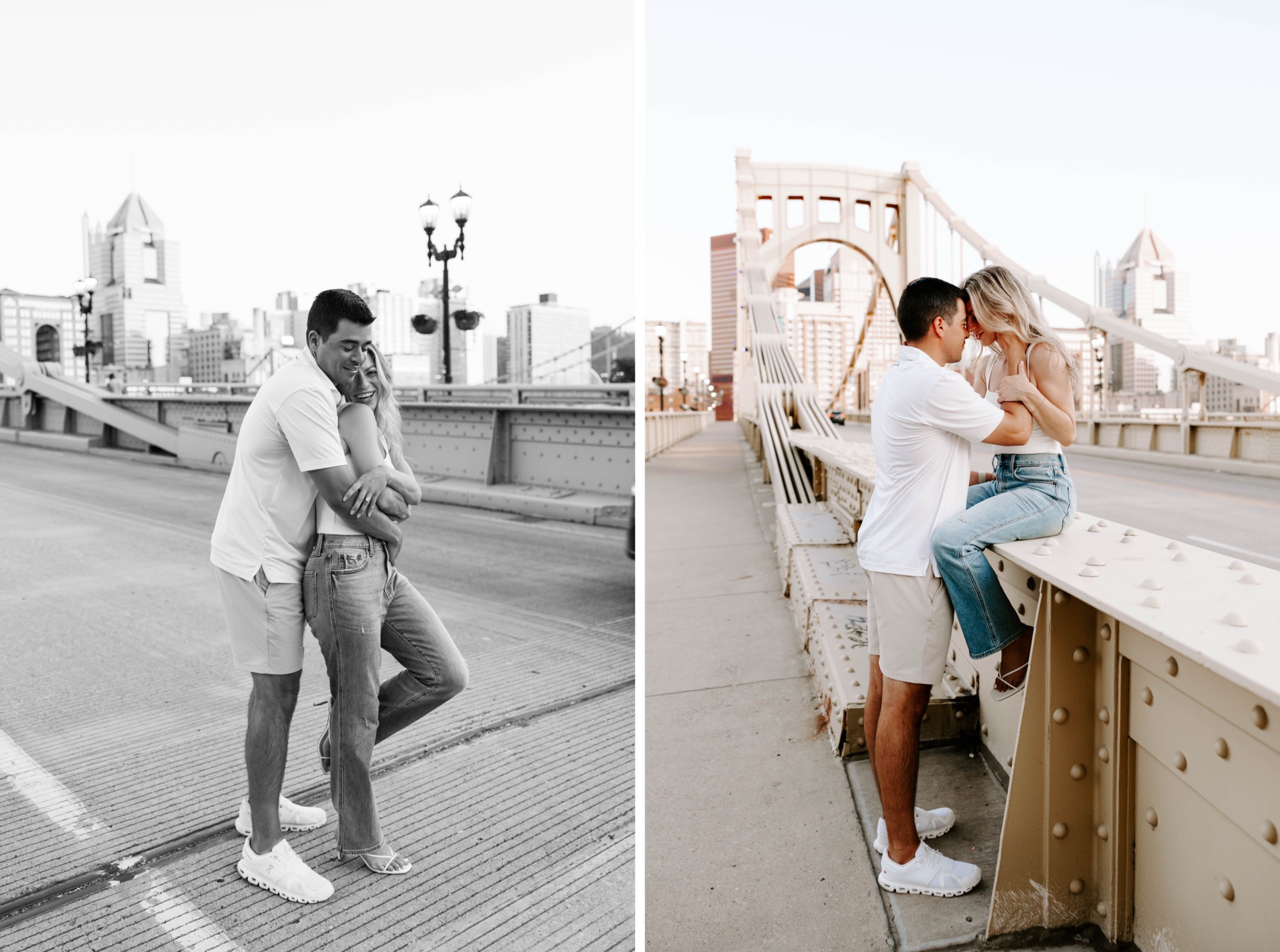 Couple dancing on Pittsburgh’s iconic yellow bridge during engagement session