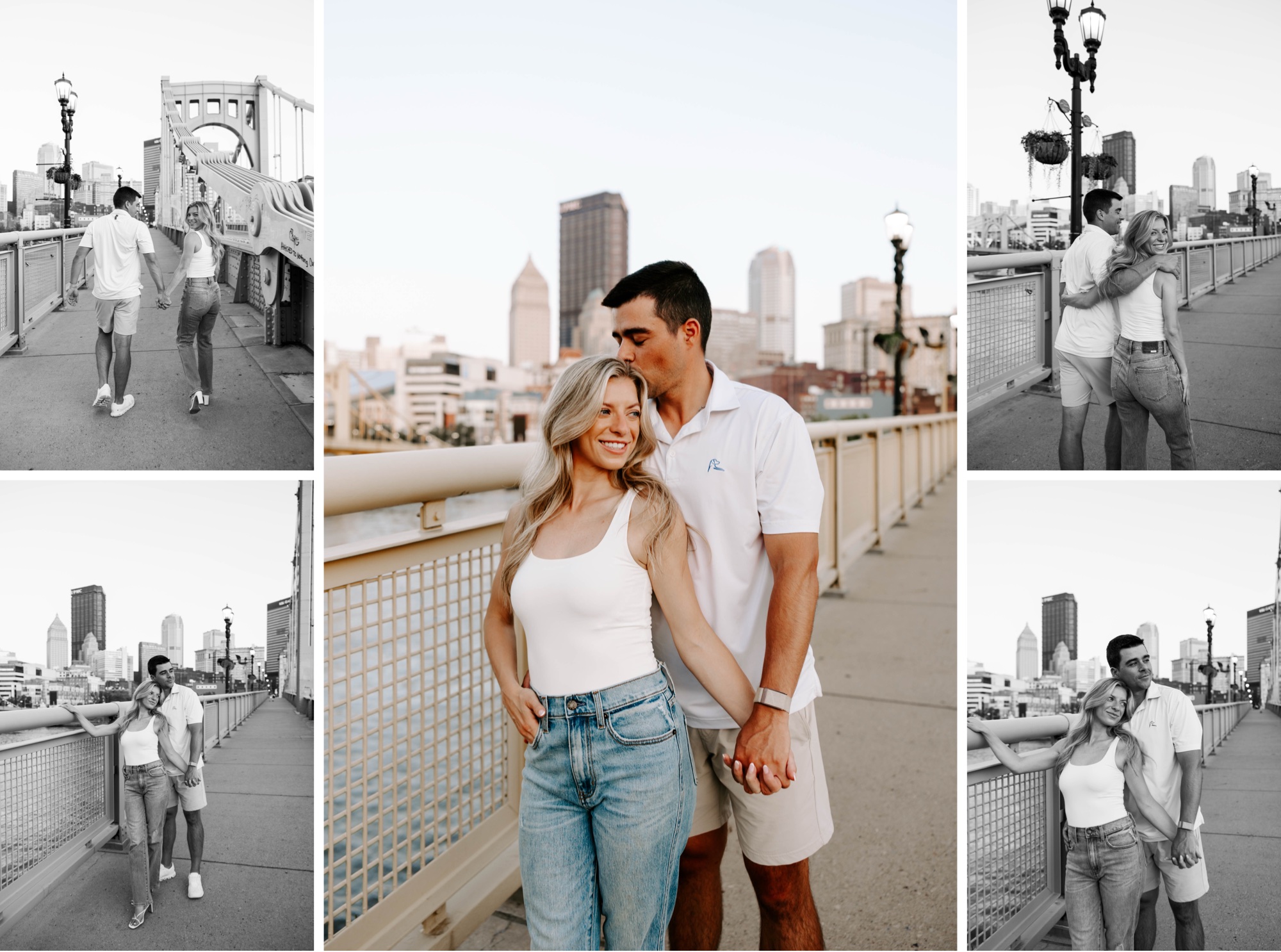 Joyful candid moment of engaged couple walking on bridge