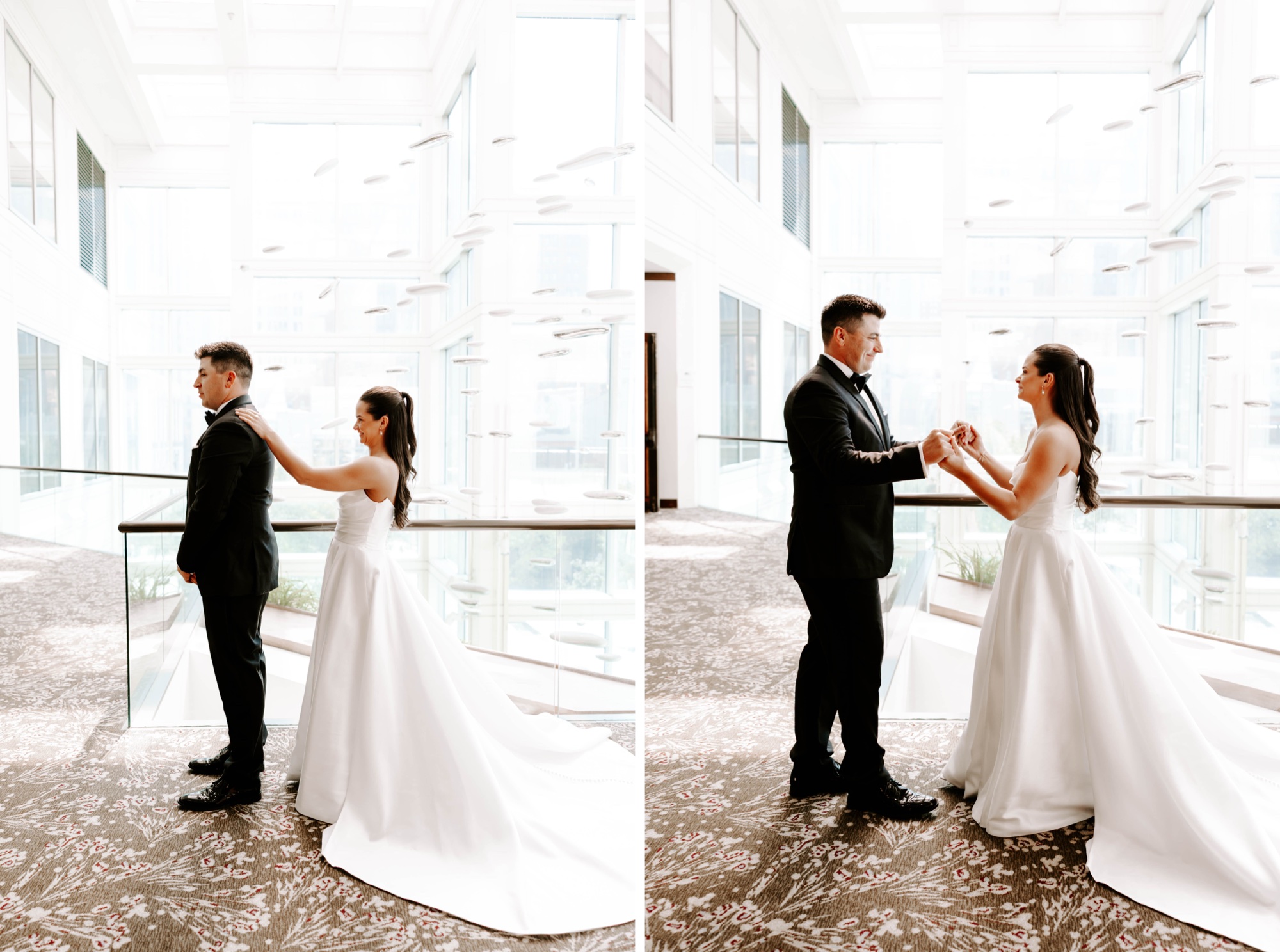 wedding first look on balcony; modern classic wedding; vow exchange photography