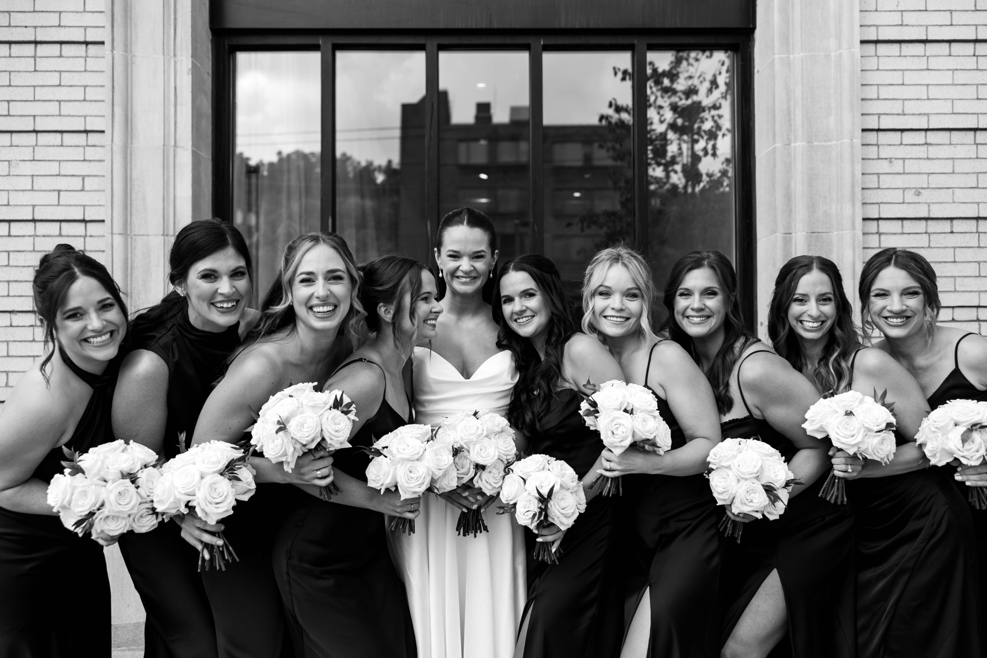 black and white wedding; modern classic wedding; wedding party portraits