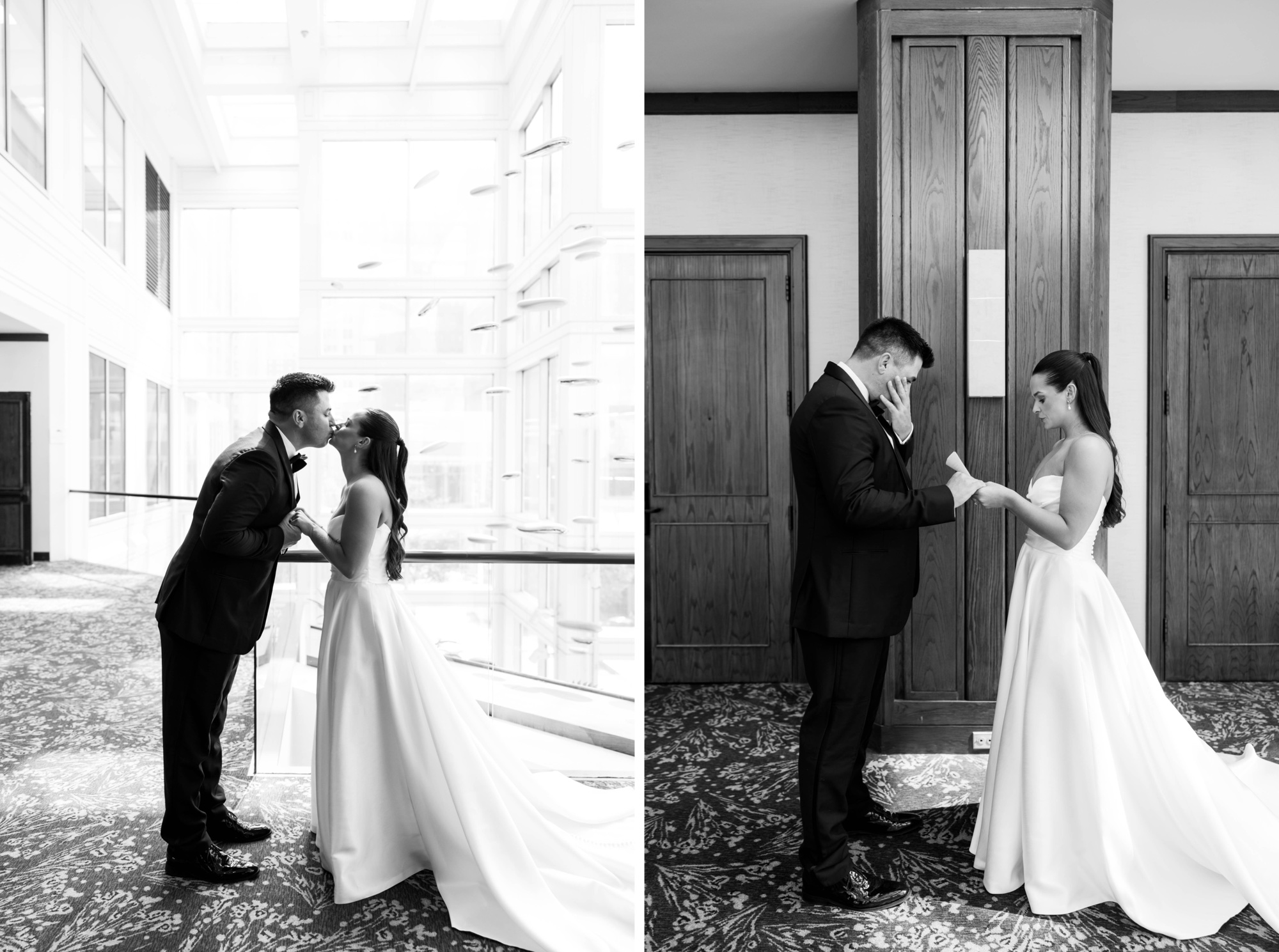 wedding first look on balcony; modern classic wedding; vow exchange photography