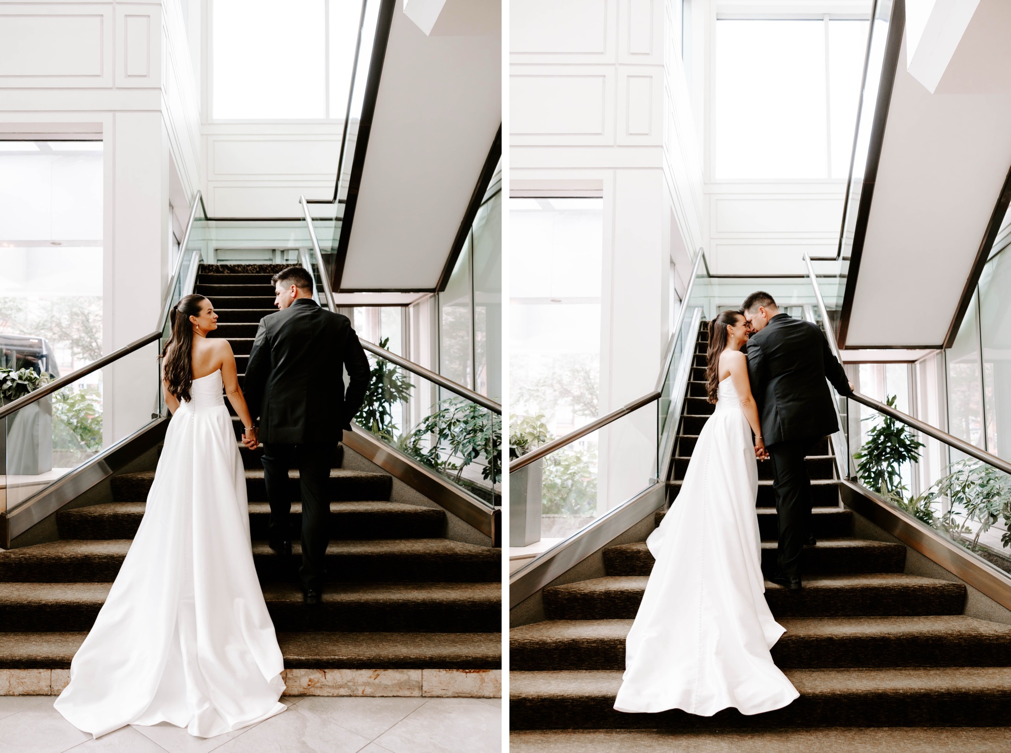 wedding first look on balcony; modern classic wedding; vow exchange photography