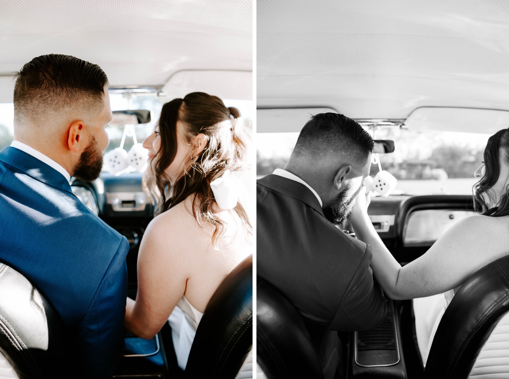 Couple laughing in vintage car with fuzzy dice for save-the-date momen