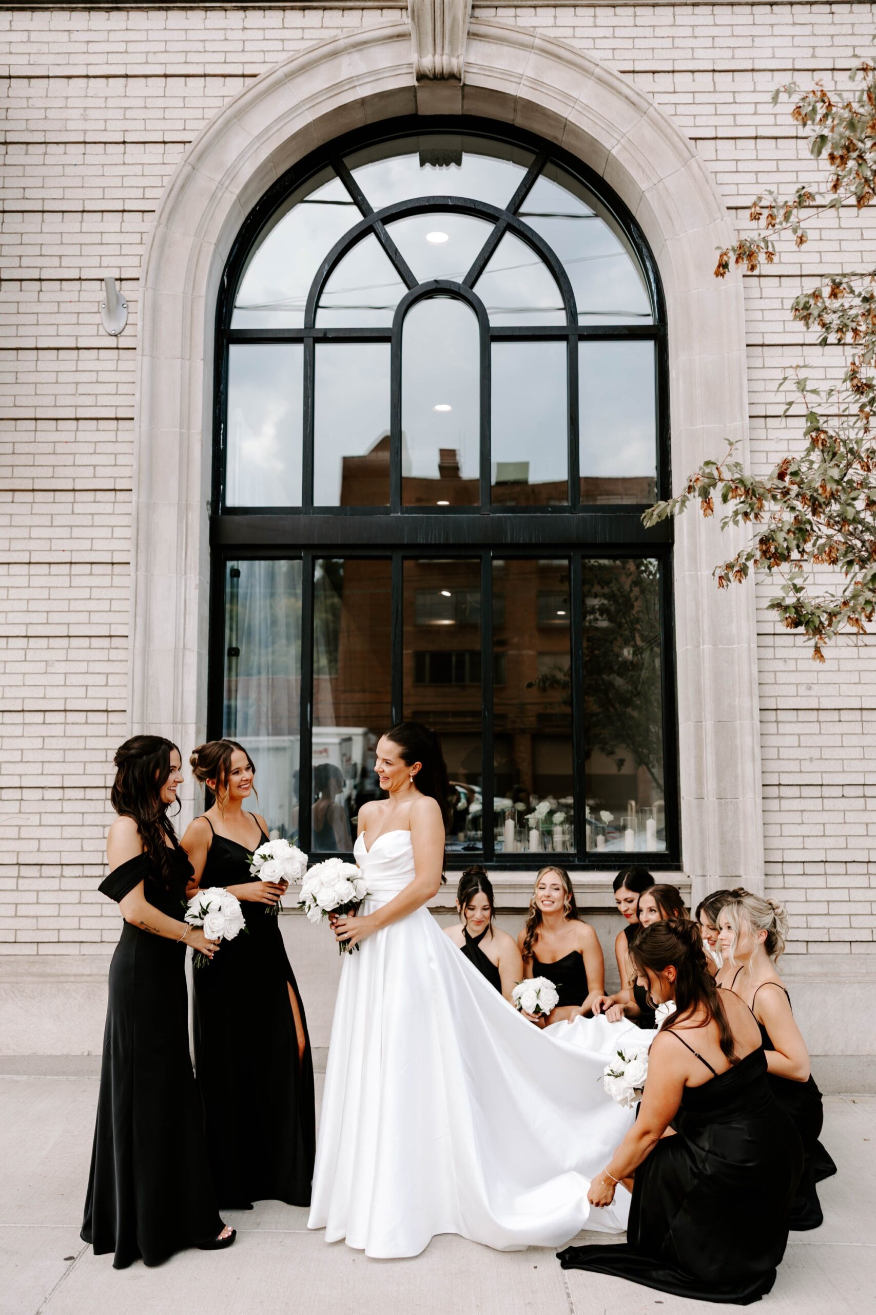 black and white wedding; modern classic wedding; wedding party portraits
