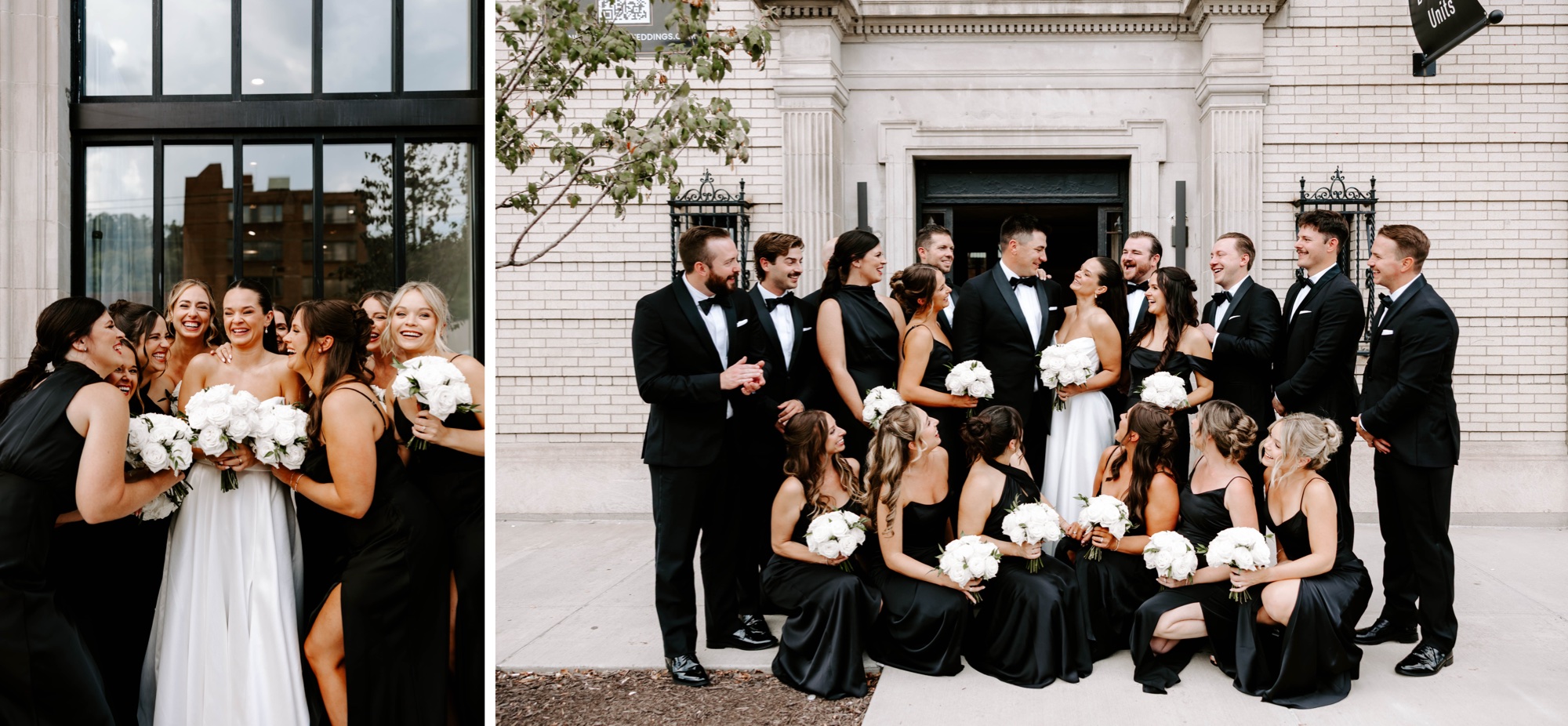 black and white wedding; modern classic wedding; wedding party portraits