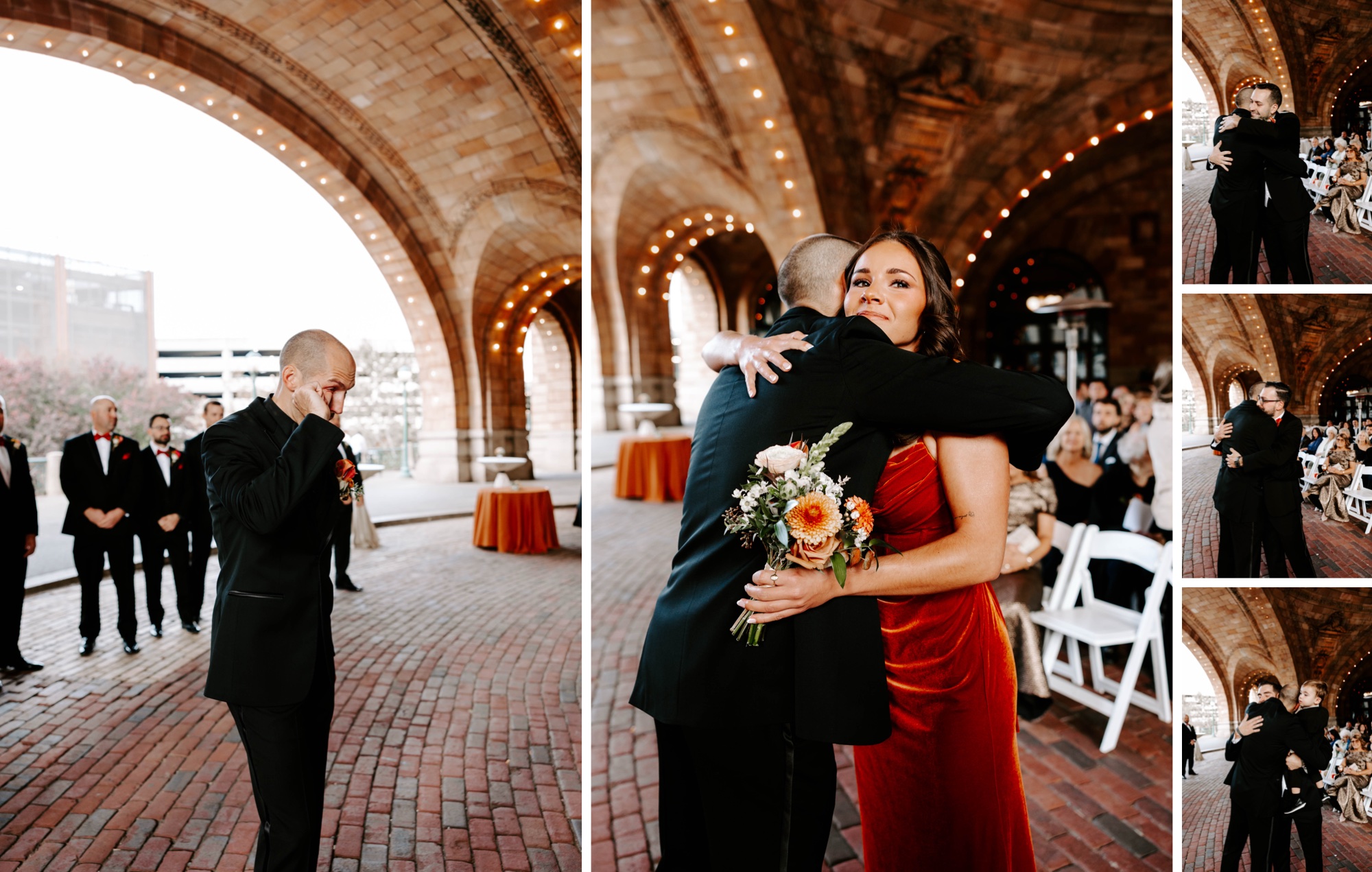 outdoor fall wedding ceremony beneath the dome at the Pennsylvanian; wedding ceremony at The Rotunda, Pittsburgh
