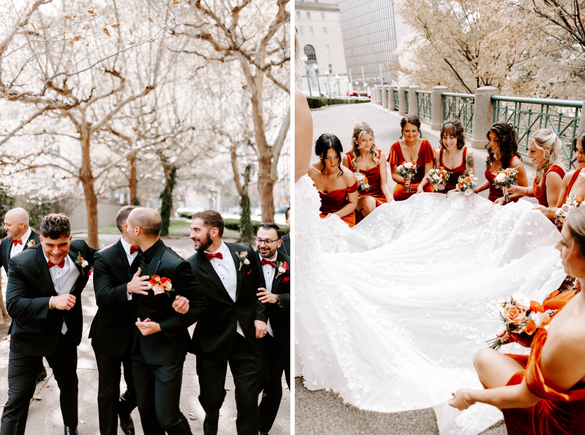 creative wedding party photo ideas; fall bridesmaids dresses; red velvet bridesmaids dresses