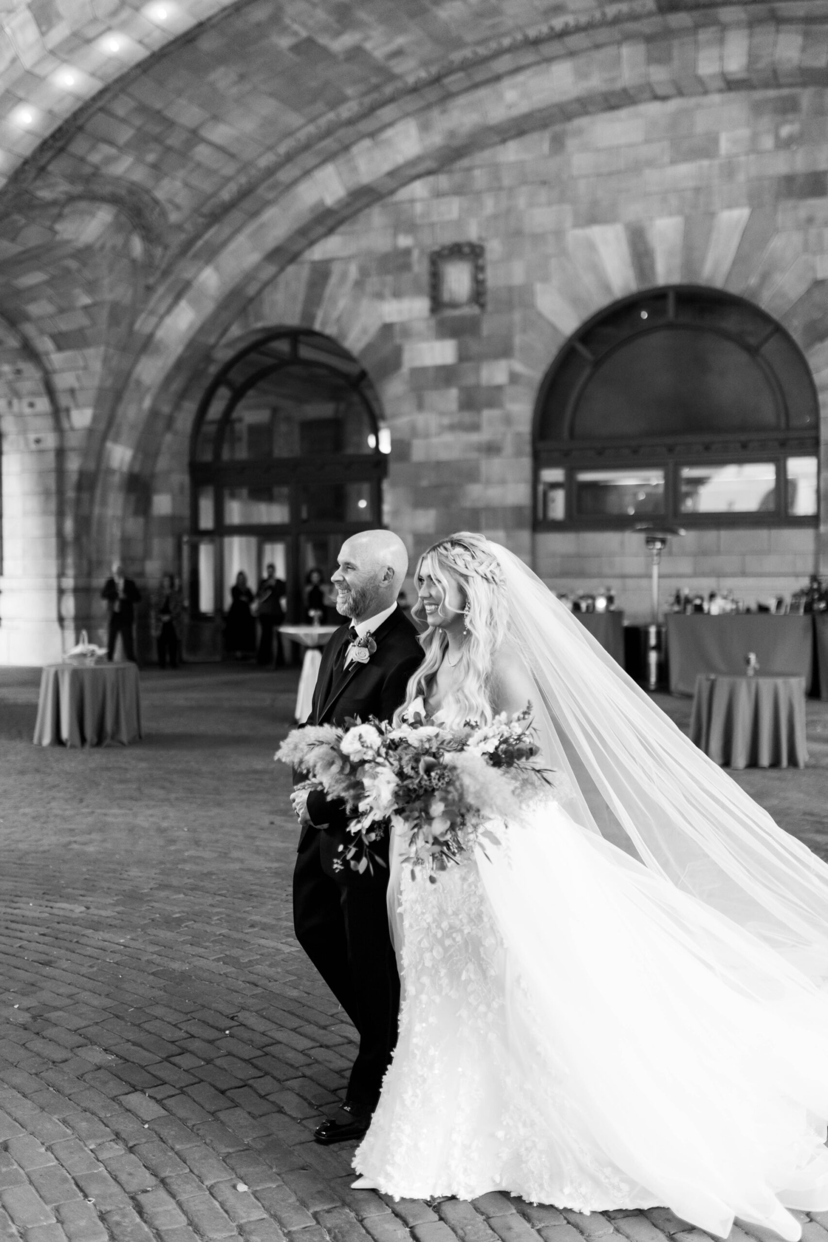 outdoor fall wedding ceremony beneath the dome at the Pennsylvanian; wedding ceremony at The Rotunda, Pittsburgh