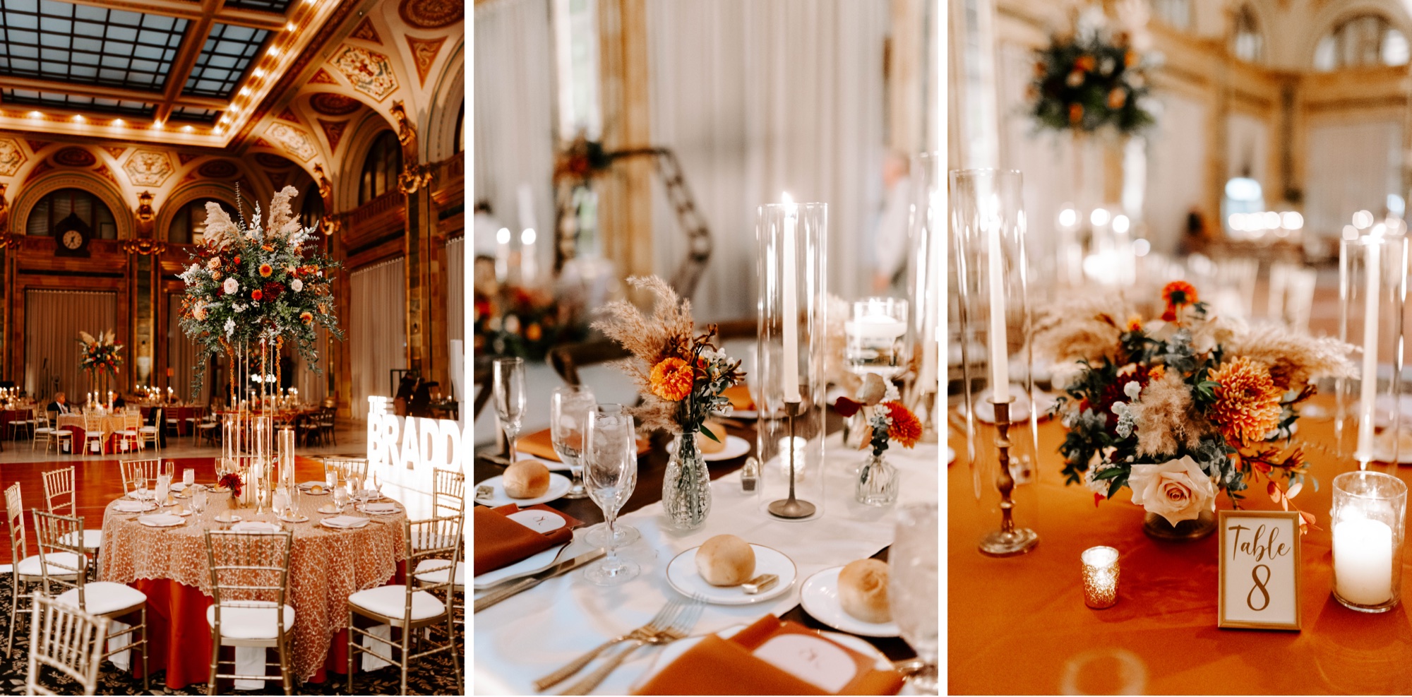 examples of real weddings at The Rotunda at The Pennsylvanian, Pittsburgh; fall wedding decor