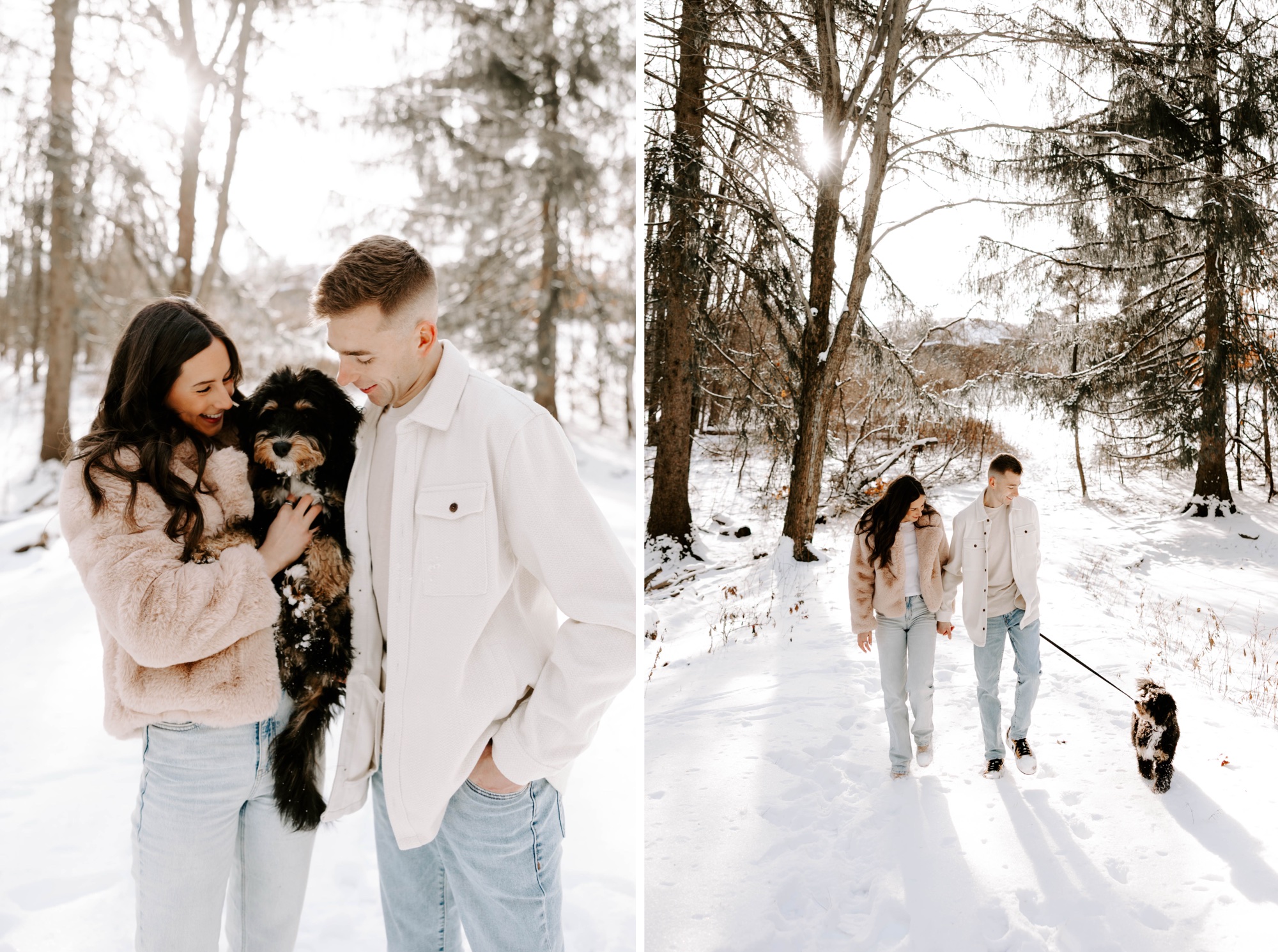 cute winter engagement session with snow and dog