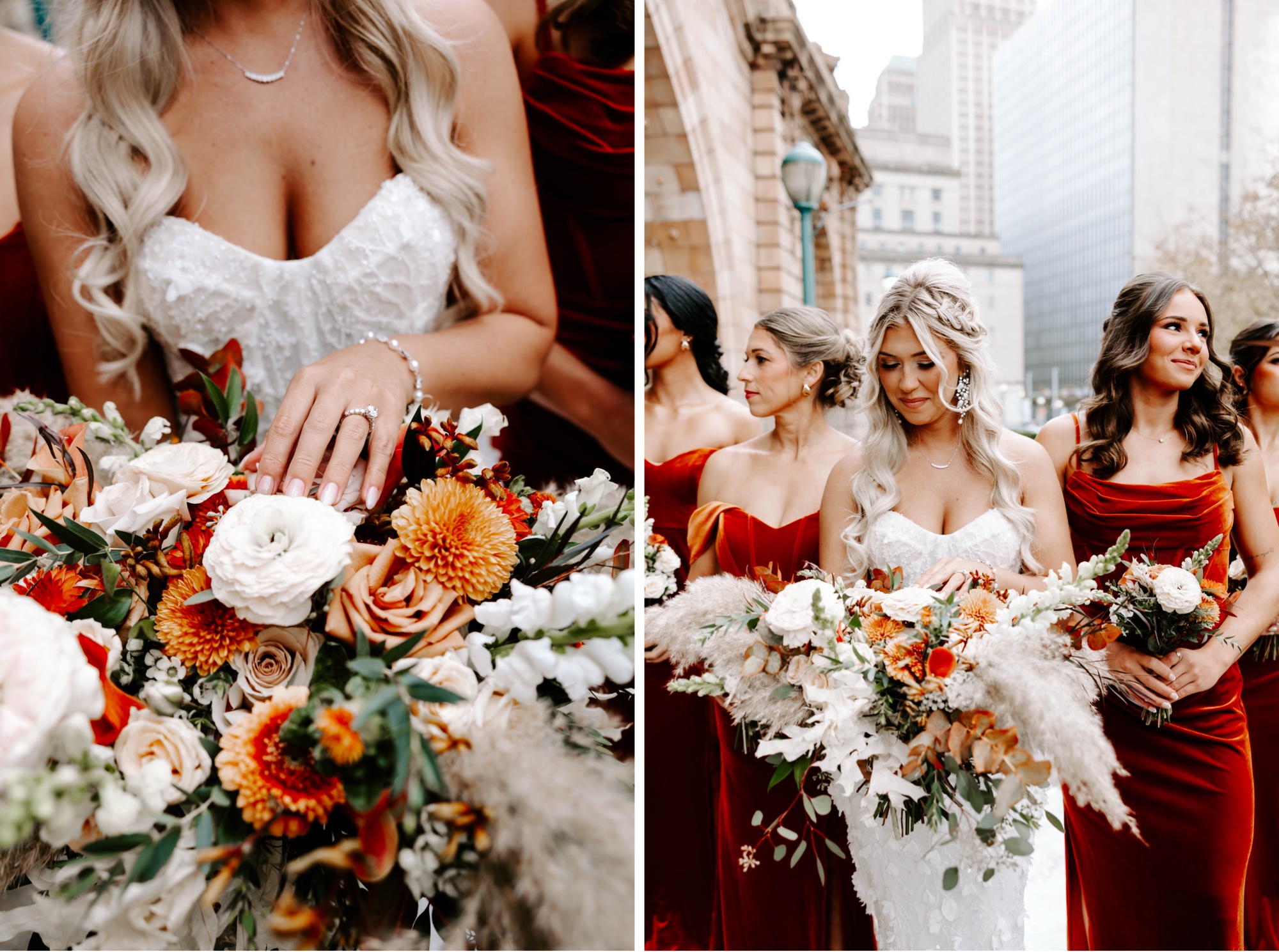 creative wedding party photo ideas; fall bridesmaids dresses; red velvet bridesmaids dresses