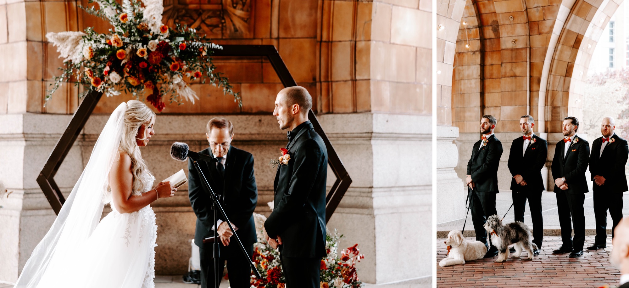 outdoor fall wedding ceremony beneath the dome at the Pennsylvanian; wedding ceremony at The Rotunda, Pittsburgh