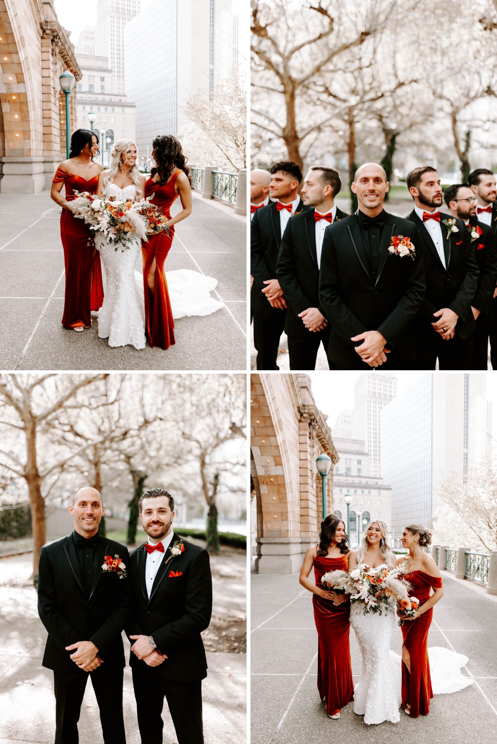 creative wedding party photo ideas; fall bridesmaids dresses; red velvet bridesmaids dresses