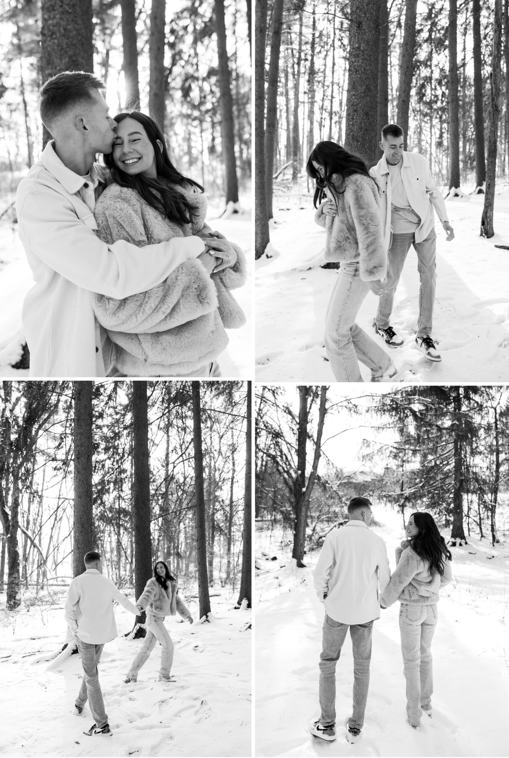 black and white snowy engagement photos with pine trees