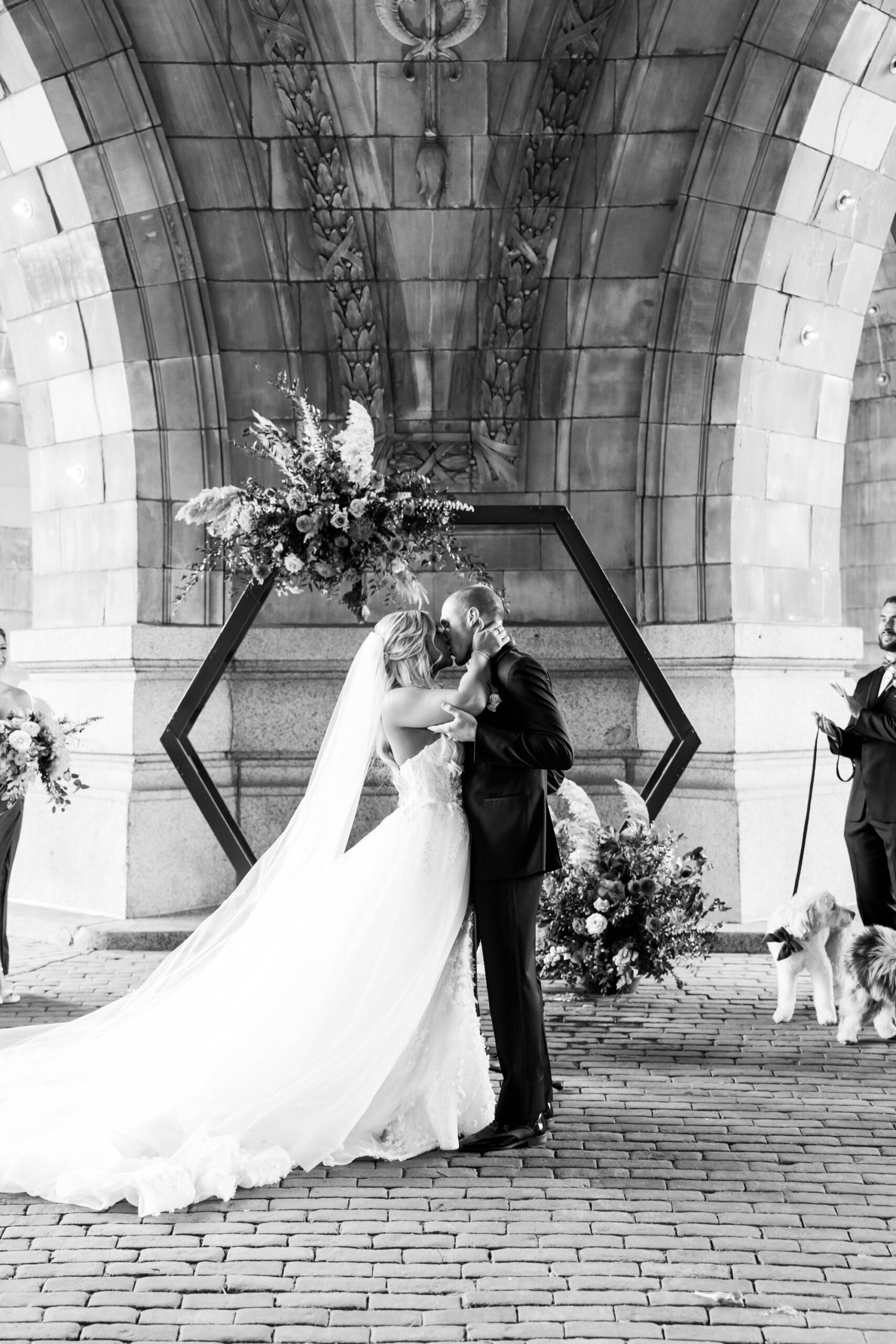 outdoor fall wedding ceremony beneath the dome at the Pennsylvanian; wedding ceremony at The Rotunda, Pittsburgh