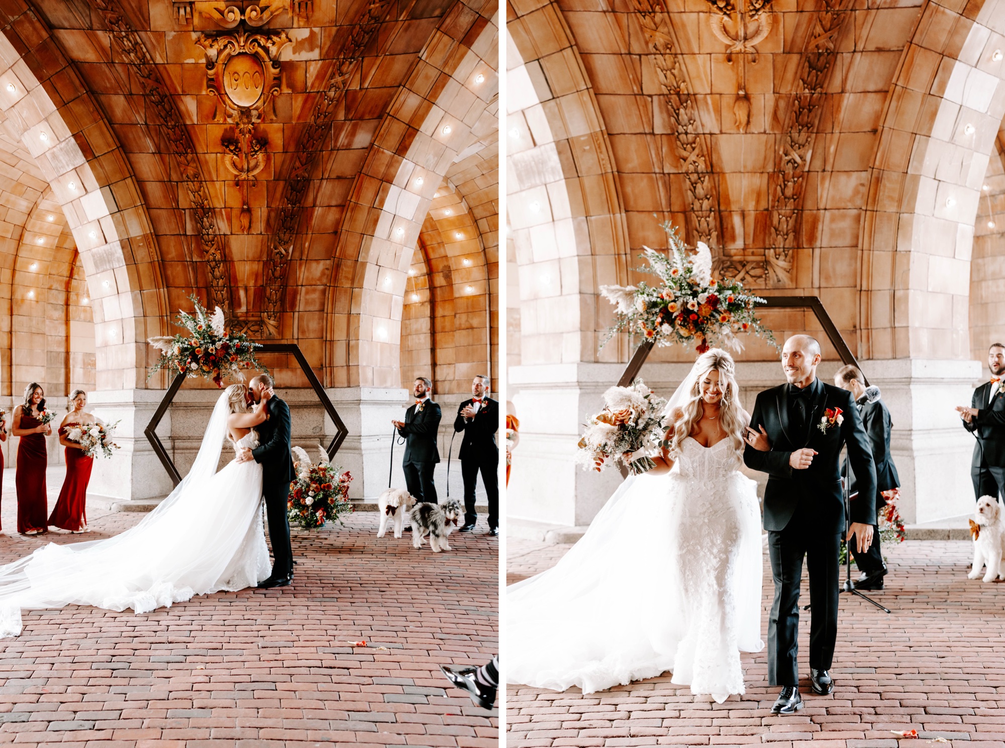 outdoor fall wedding ceremony beneath the dome at the Pennsylvanian; wedding ceremony at The Rotunda, Pittsburgh