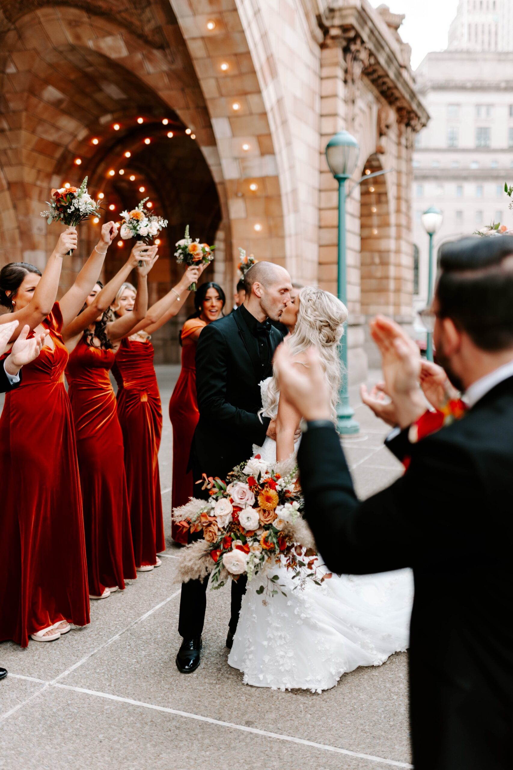 creative wedding party photo ideas; fall bridesmaids dresses; red velvet bridesmaids dresses