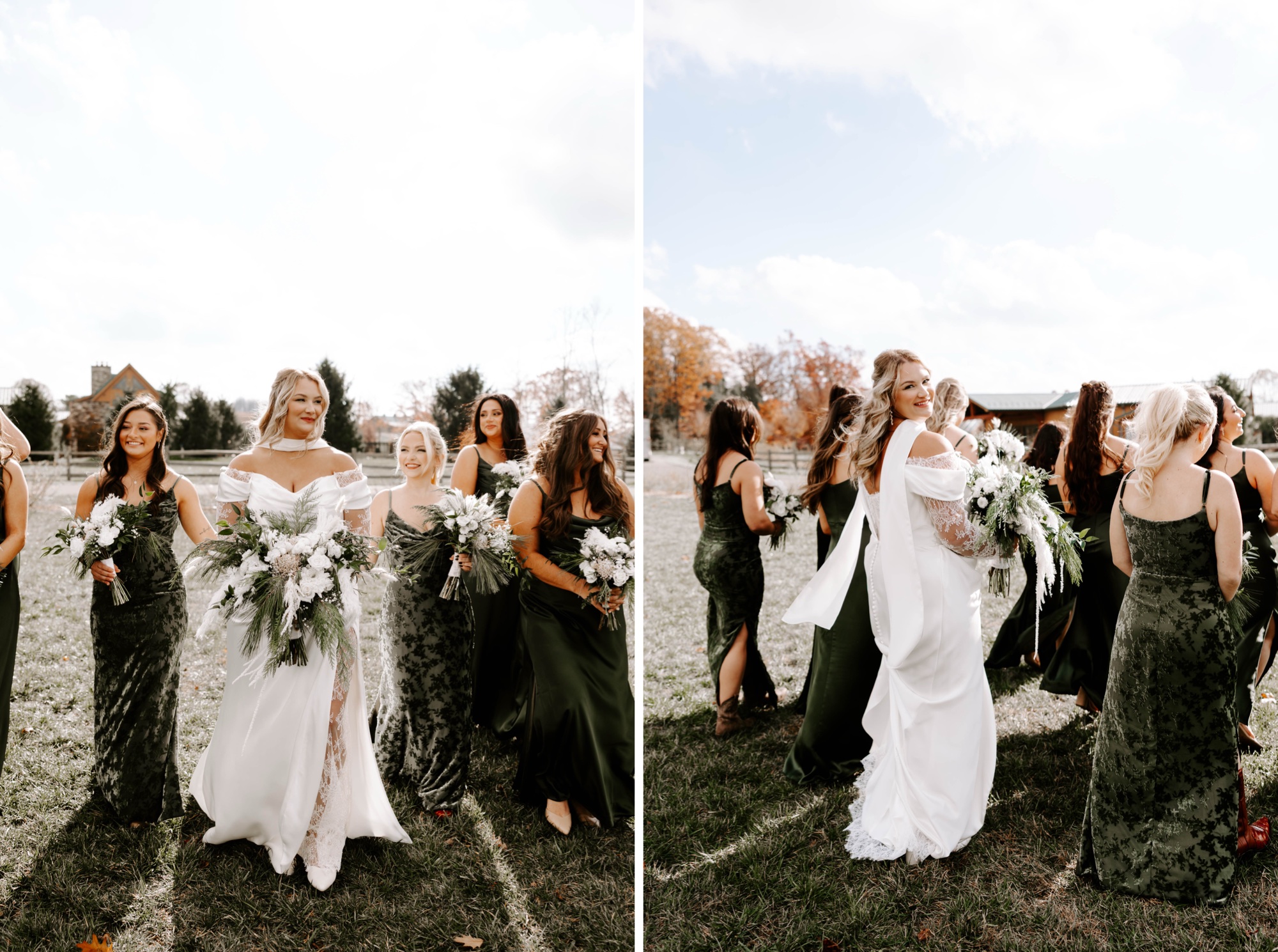 bridal gown and bridesmaid dresses for winter wedding