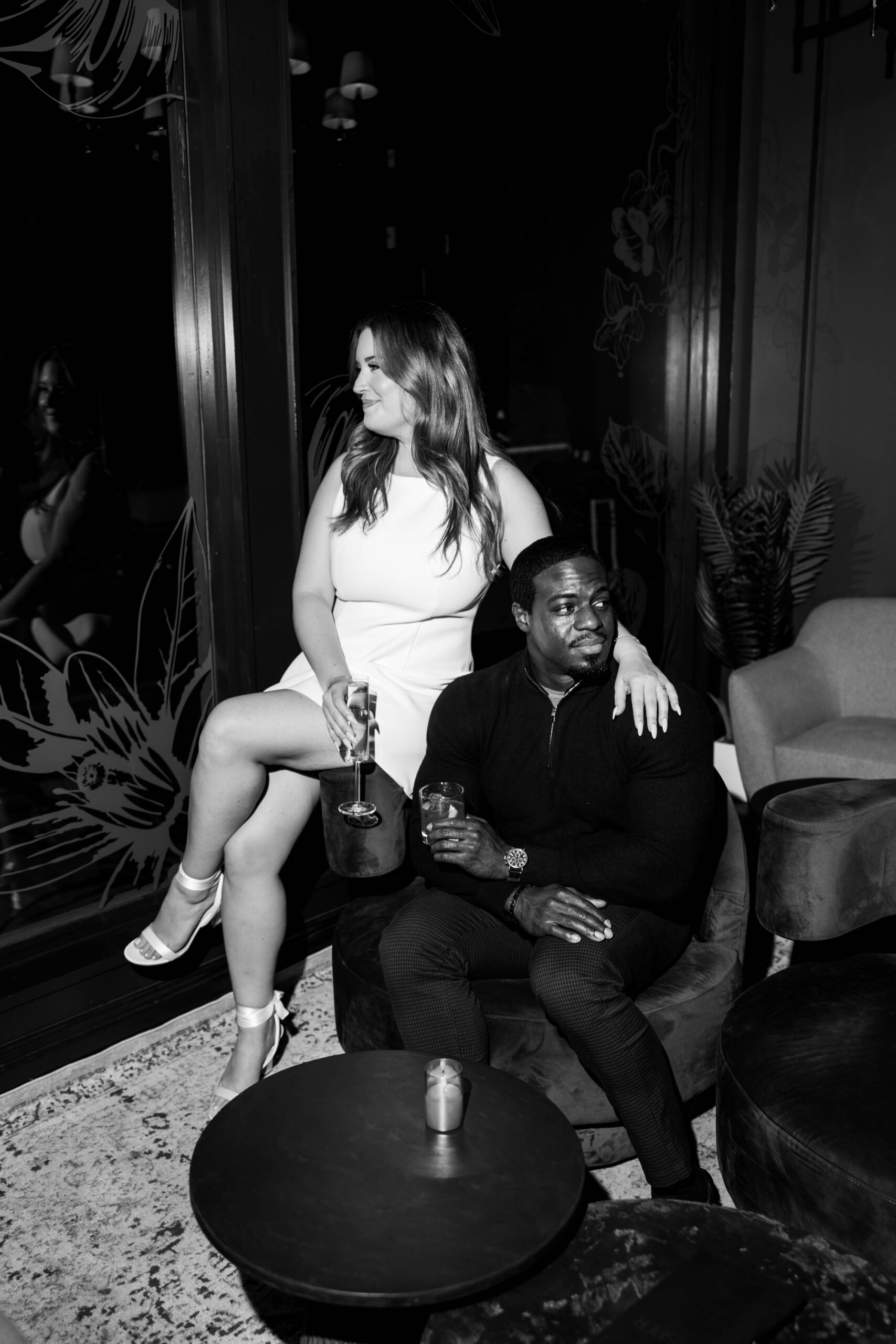 editorial direct flash photography, engagement photos at Whisper Dessert & Cocktail Bar Pittsburgh