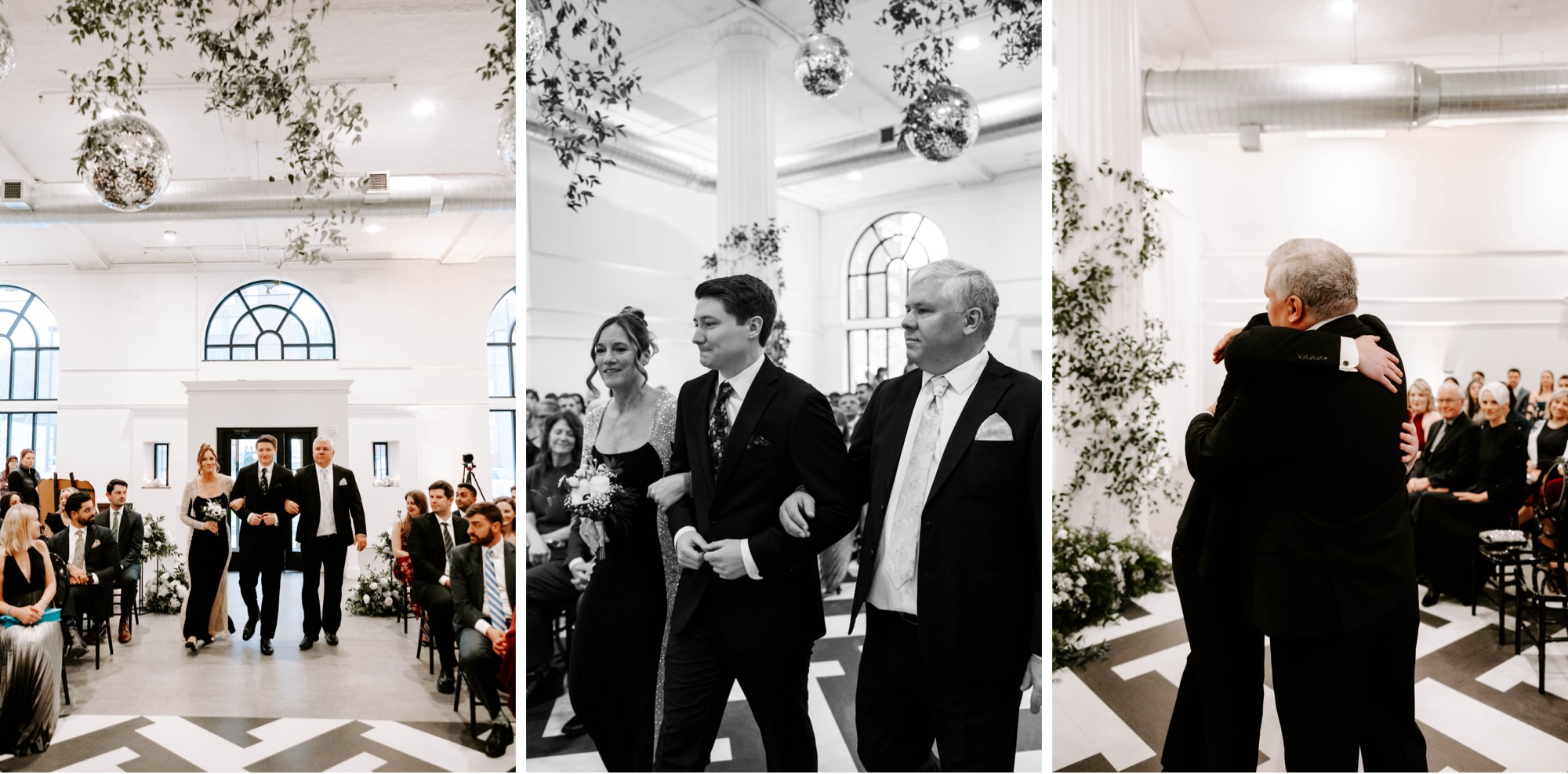 winter wedding at Franklin on Penn Pittsburgh; black and white plus greenery and disco balls