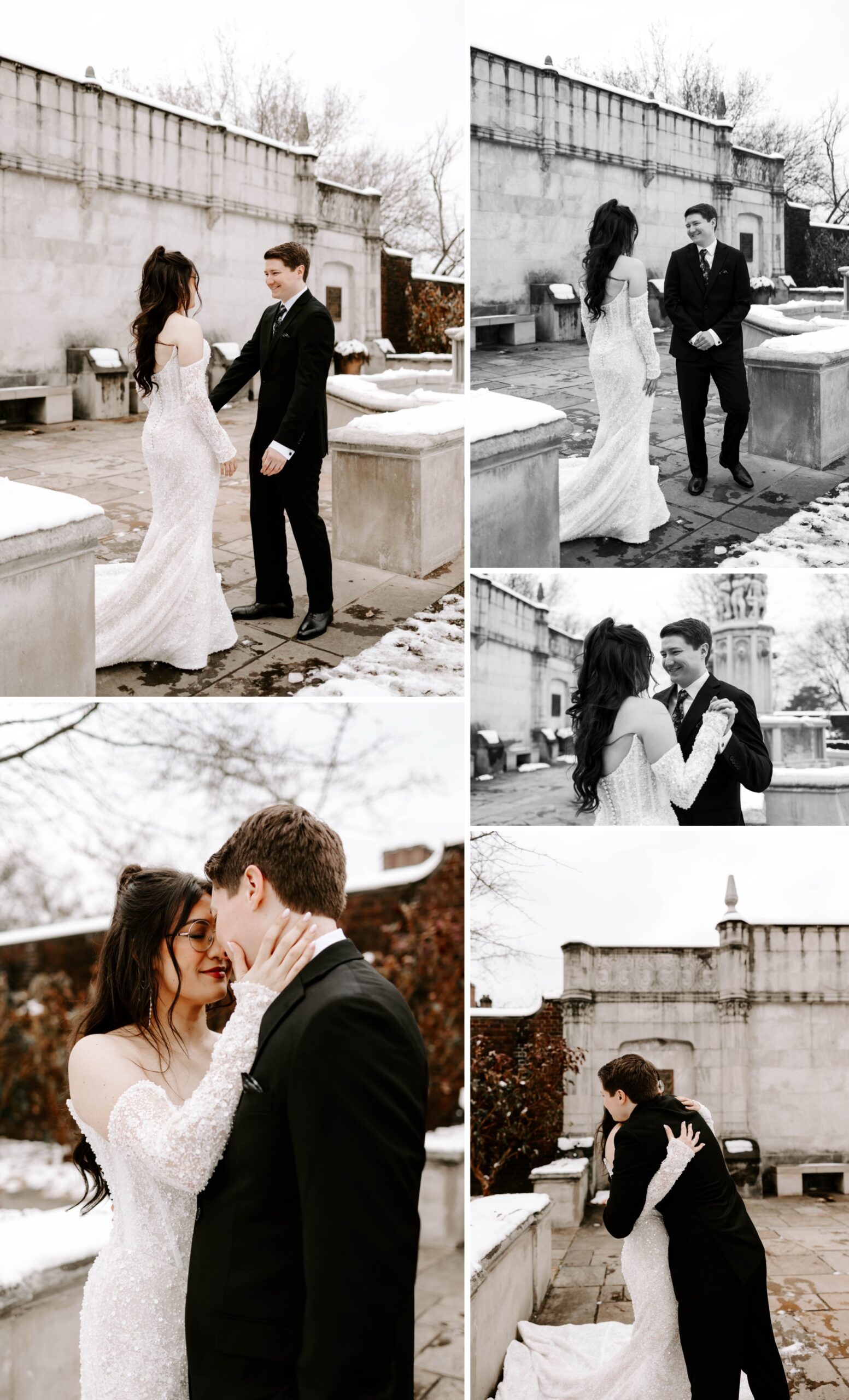 first look winter wedding snowy couples portraits
