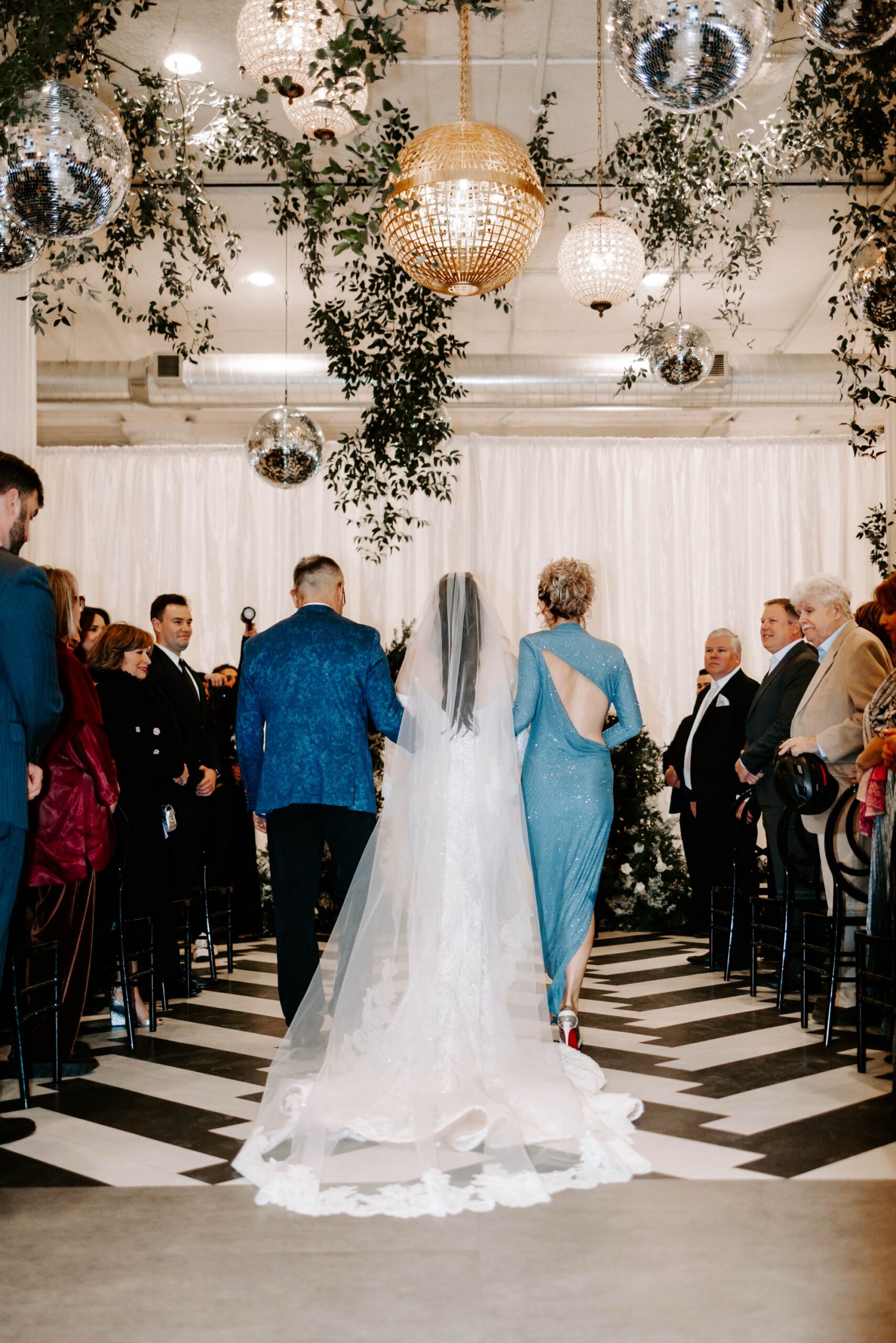 winter wedding at Franklin on Penn Pittsburgh; black and white plus greenery and disco balls