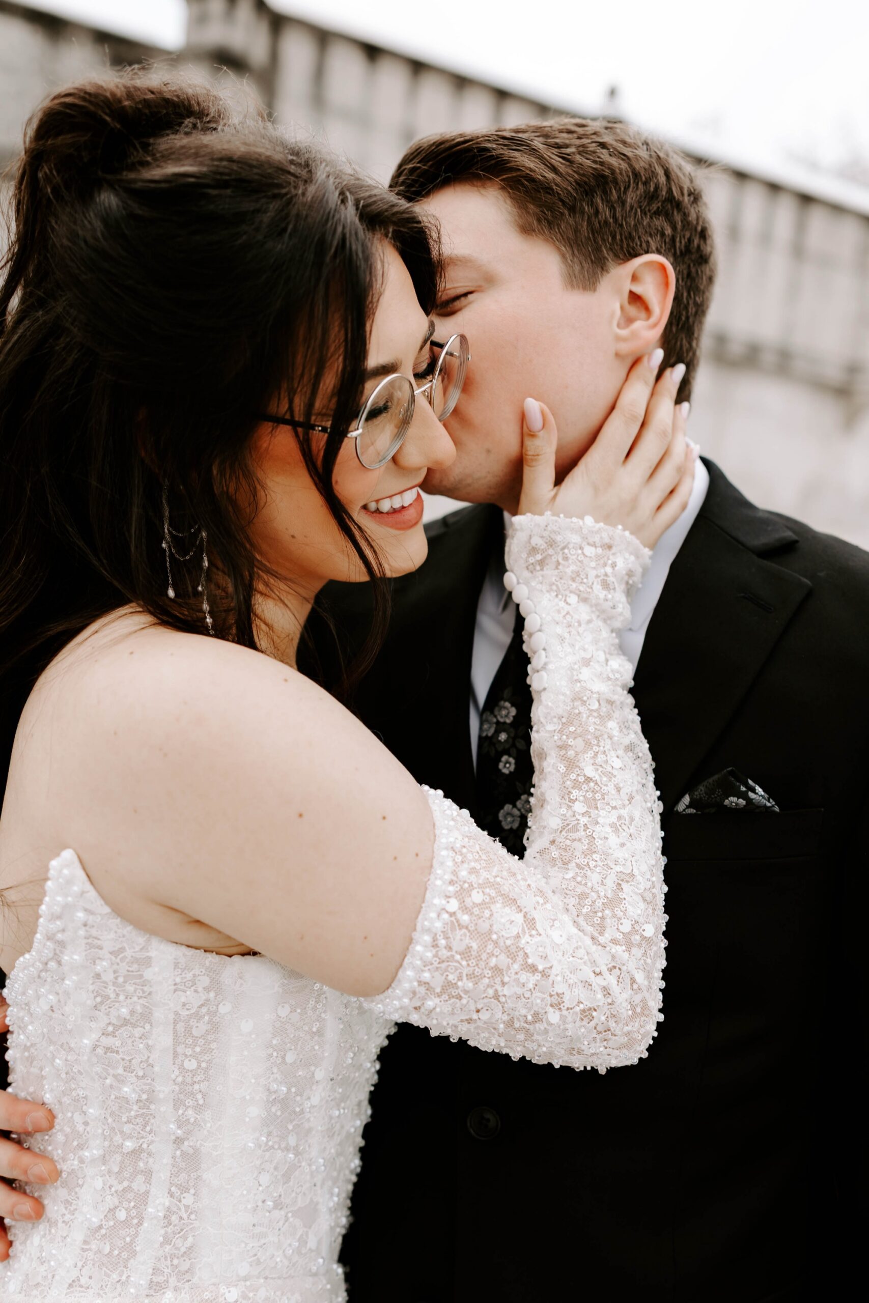 first look winter wedding snowy couples portraits