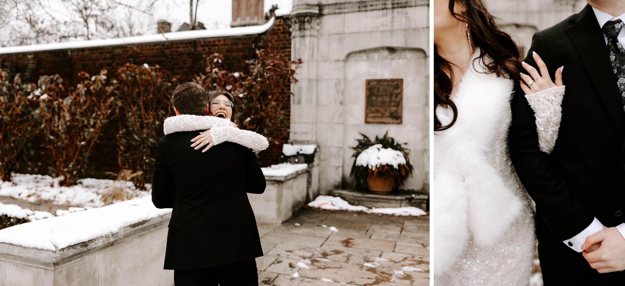 first look winter wedding snowy couples portraits