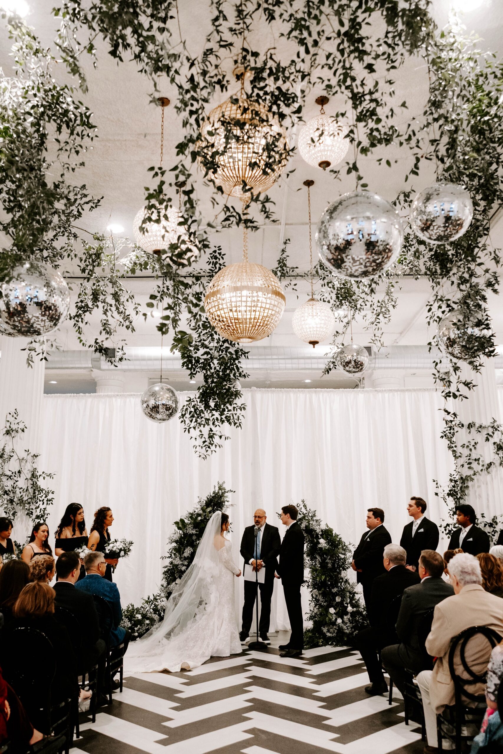 winter wedding at Franklin on Penn Pittsburgh; black and white plus greenery and disco balls