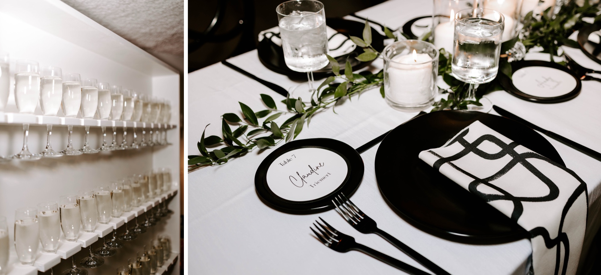 how to style a blank canvas venue; black and white winter wedding with disco balls at Franklin on Penn Pittsburgh wedding venue