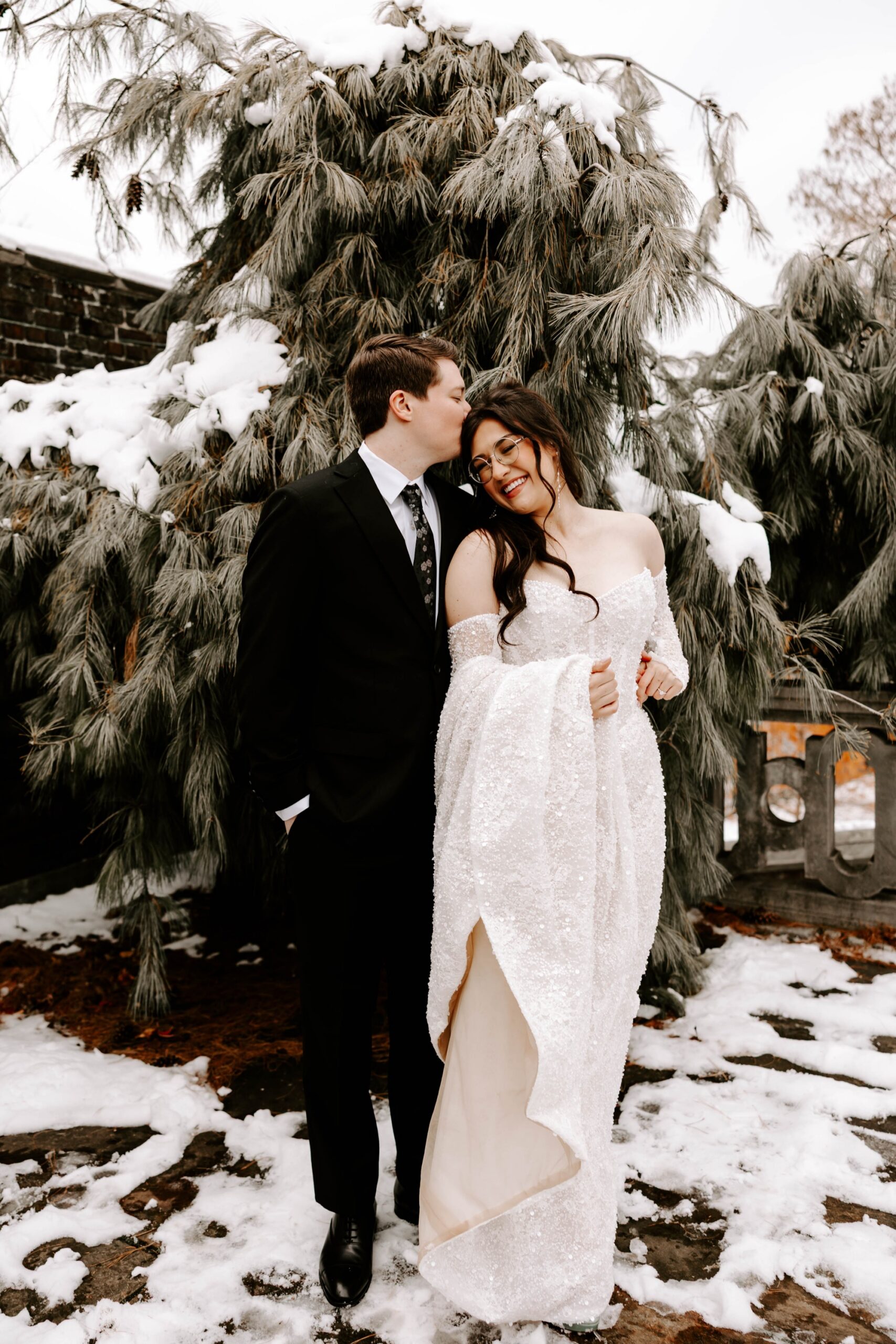 first look winter wedding snowy couples portraits