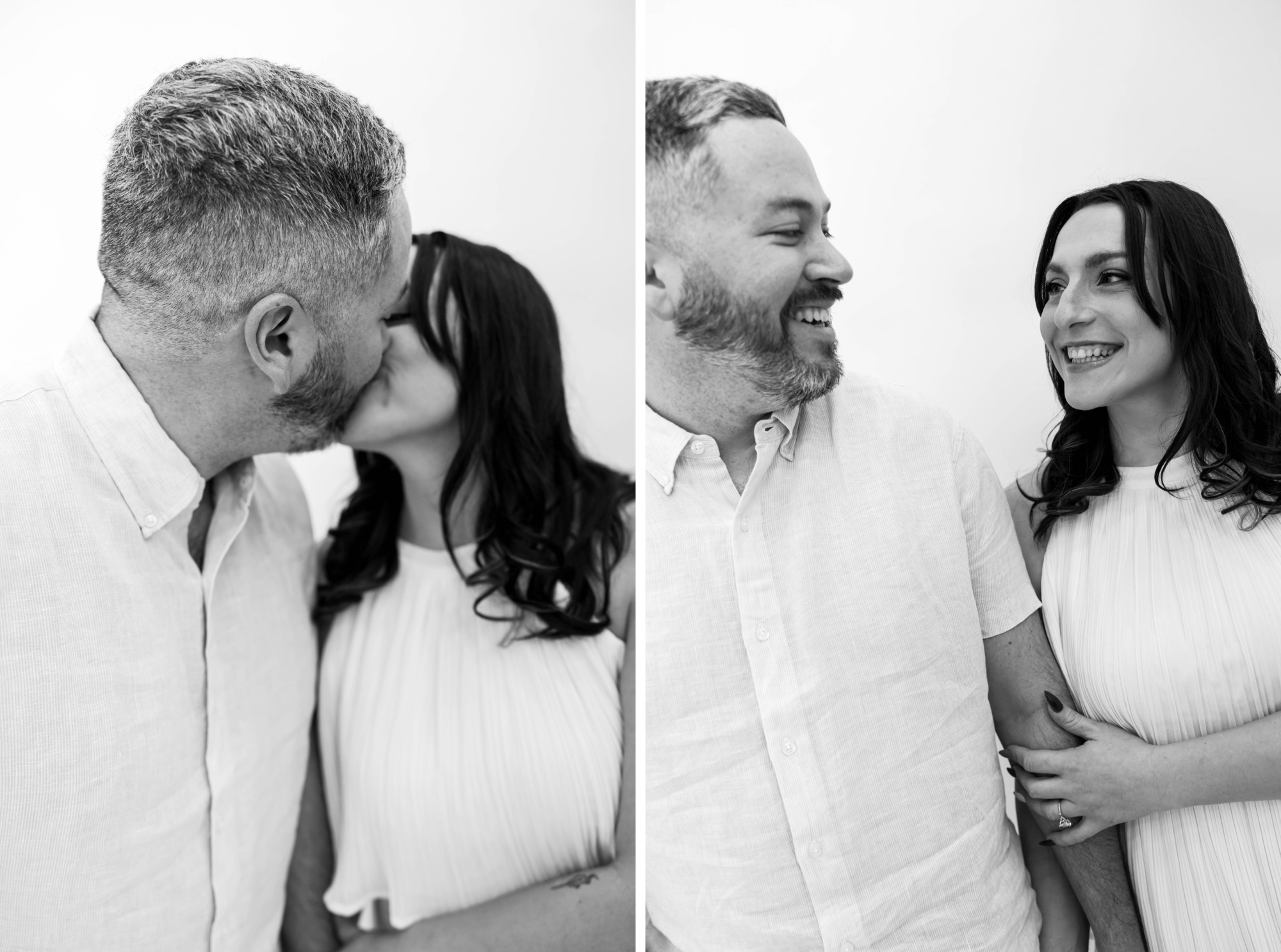 minimalist engagement photos in the studio, white backdrop studio sessions