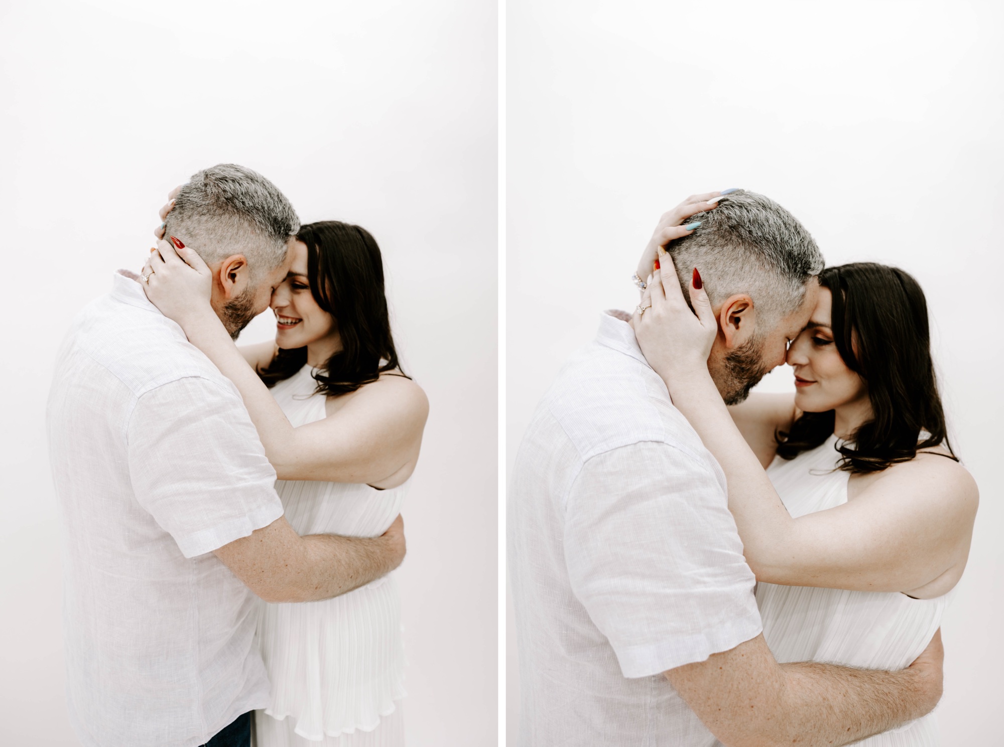 minimalist engagement photos in the studio, white backdrop studio sessions
