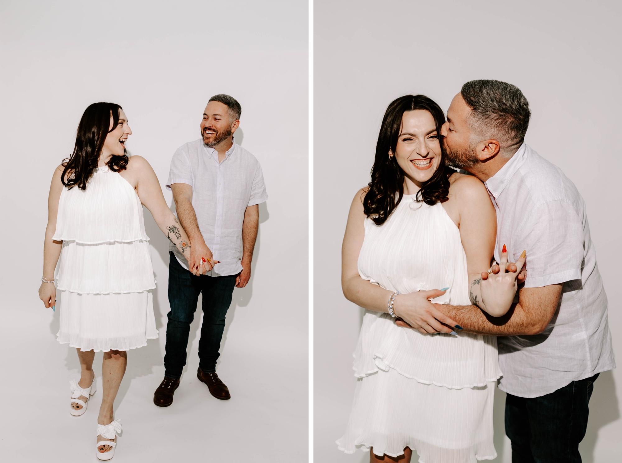 minimalist engagement photos in the studio, white backdrop studio sessions, direct flash